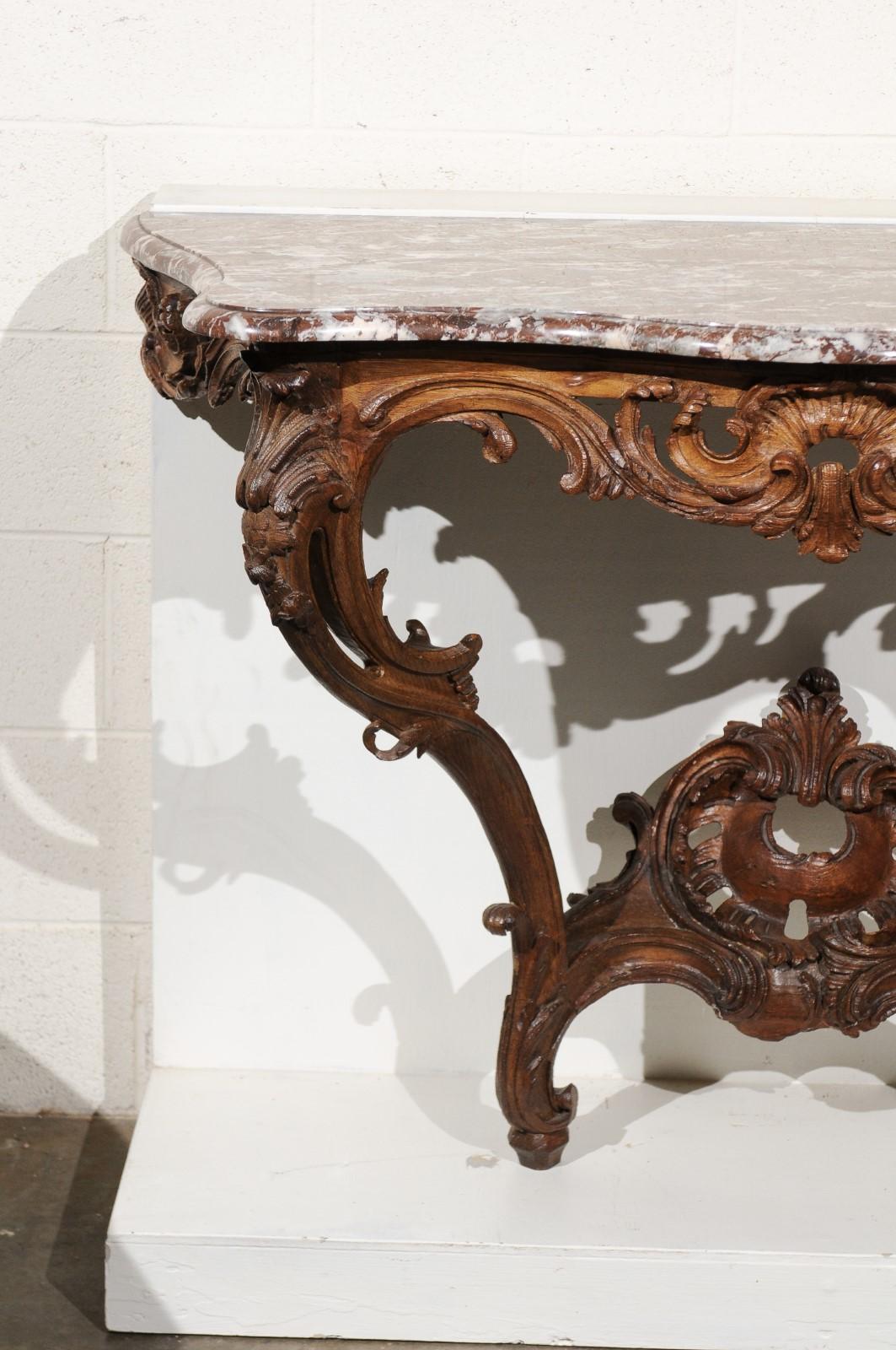 Carved 18th C. French Regence Period Oak Wall Mounted Console w Rouge Royale Marble Top For Sale