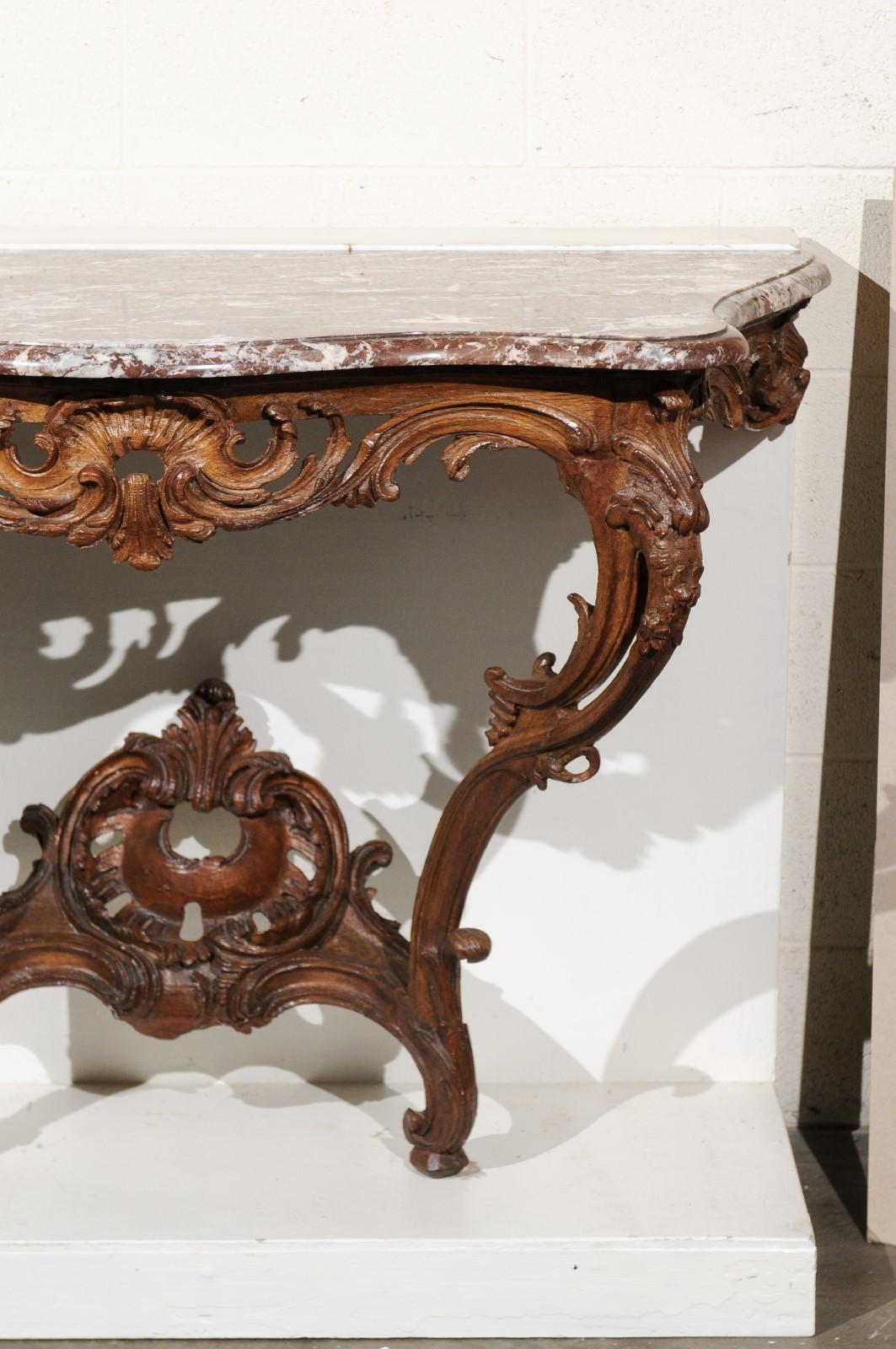 18th C. French Regence Period Oak Wall Mounted Console w Rouge Royale Marble Top In Good Condition For Sale In Atlanta, GA