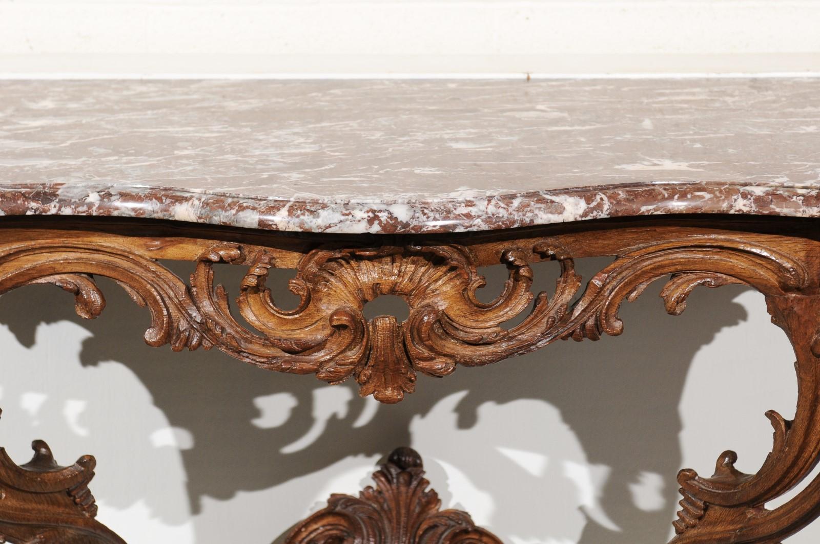 18th C. French Regence Period Oak Wall Mounted Console w Rouge Royale Marble Top For Sale 1