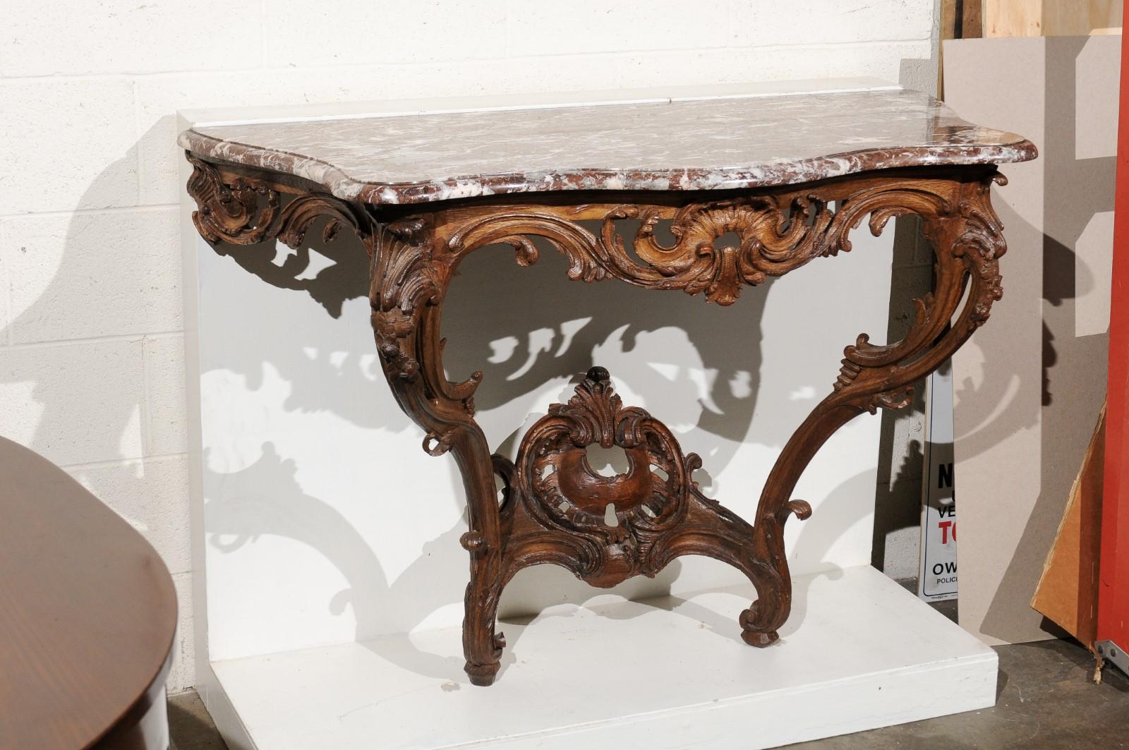 18th C. French Regence Period Oak Wall Mounted Console w Rouge Royale Marble Top For Sale 2