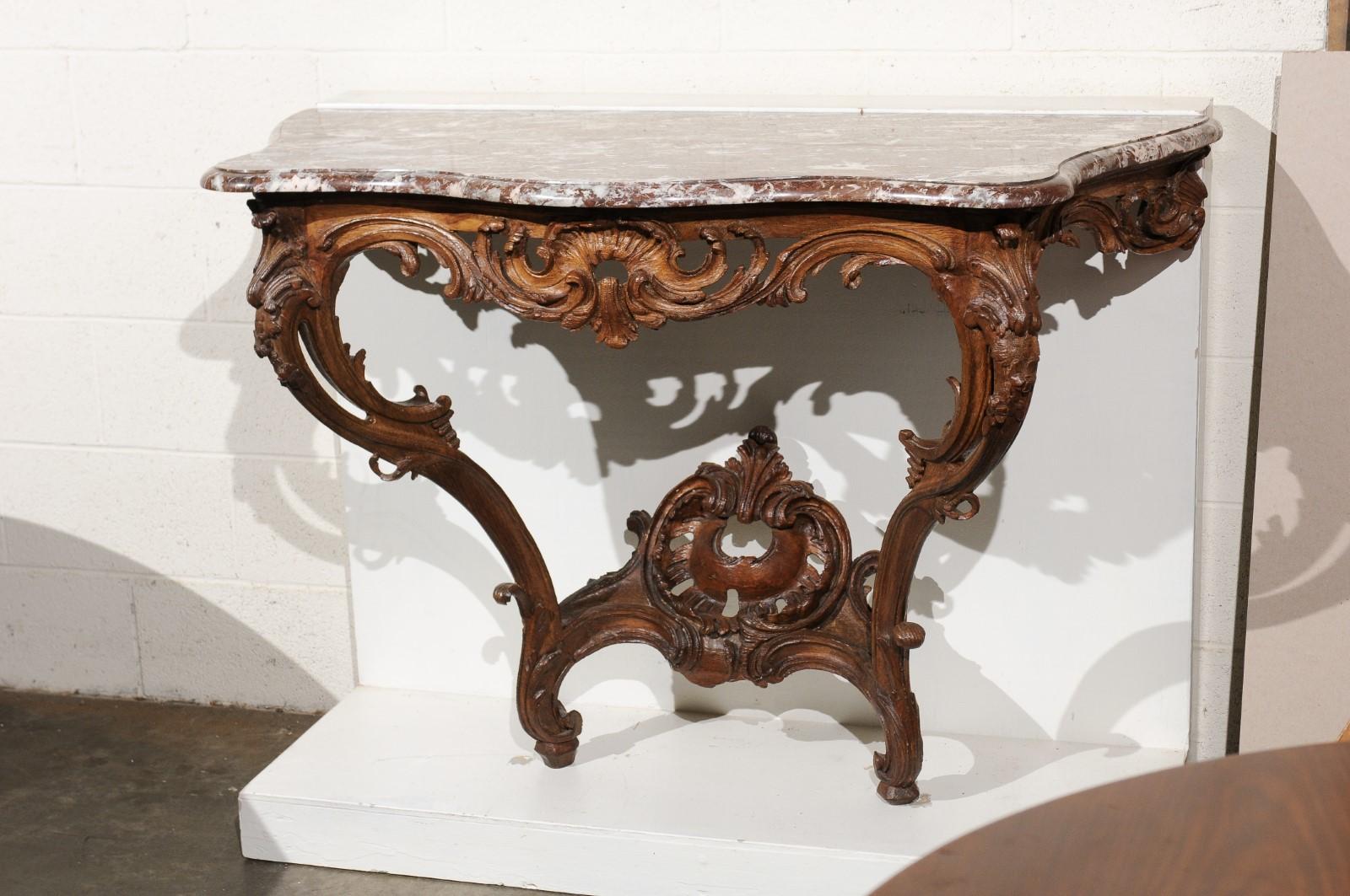 18th C. French Regence Period Oak Wall Mounted Console w Rouge Royale Marble Top For Sale 3