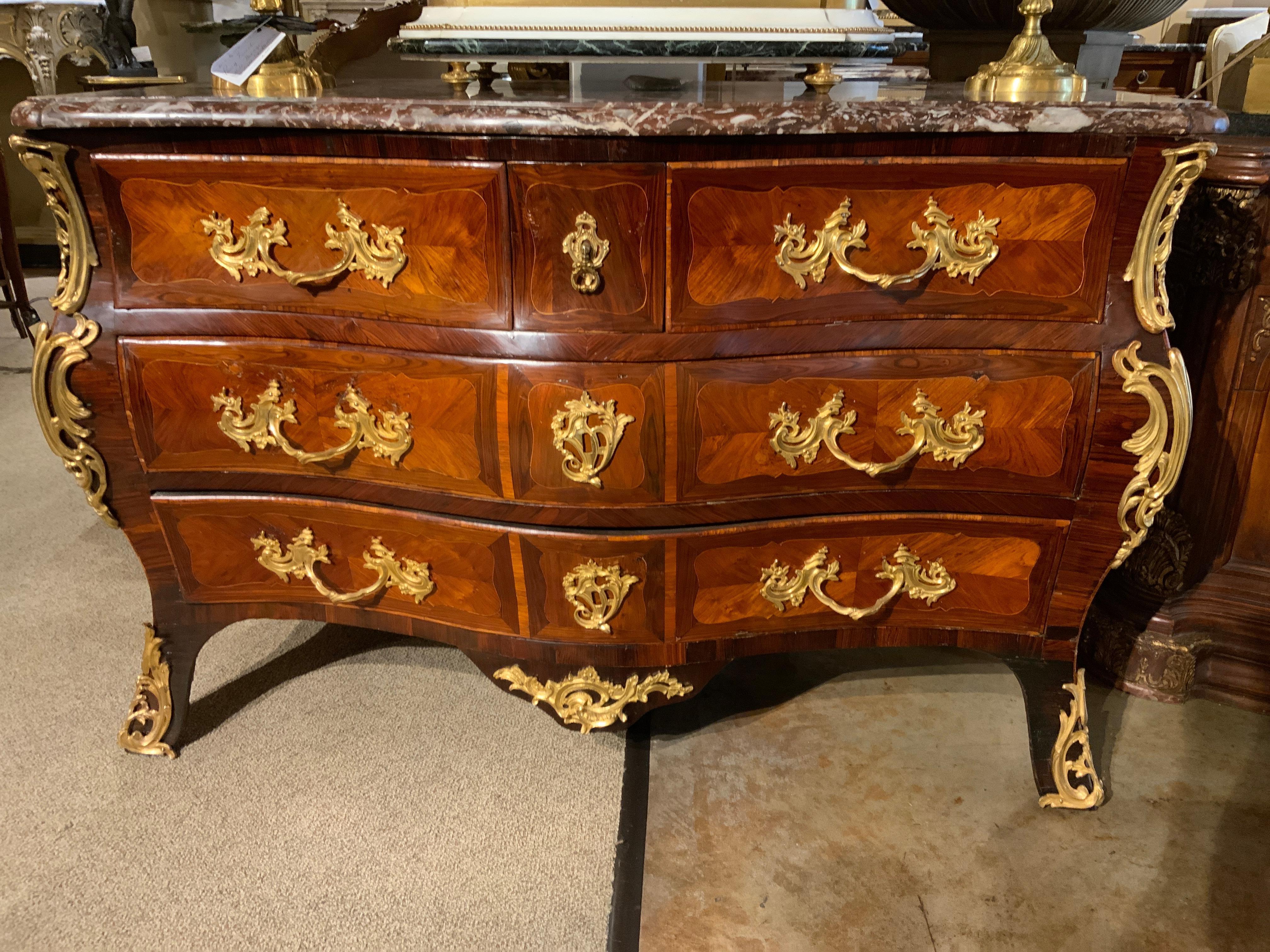 Marquetry 18th c. French Regency style  Commode / chest with ornate bronze dore mounts For Sale