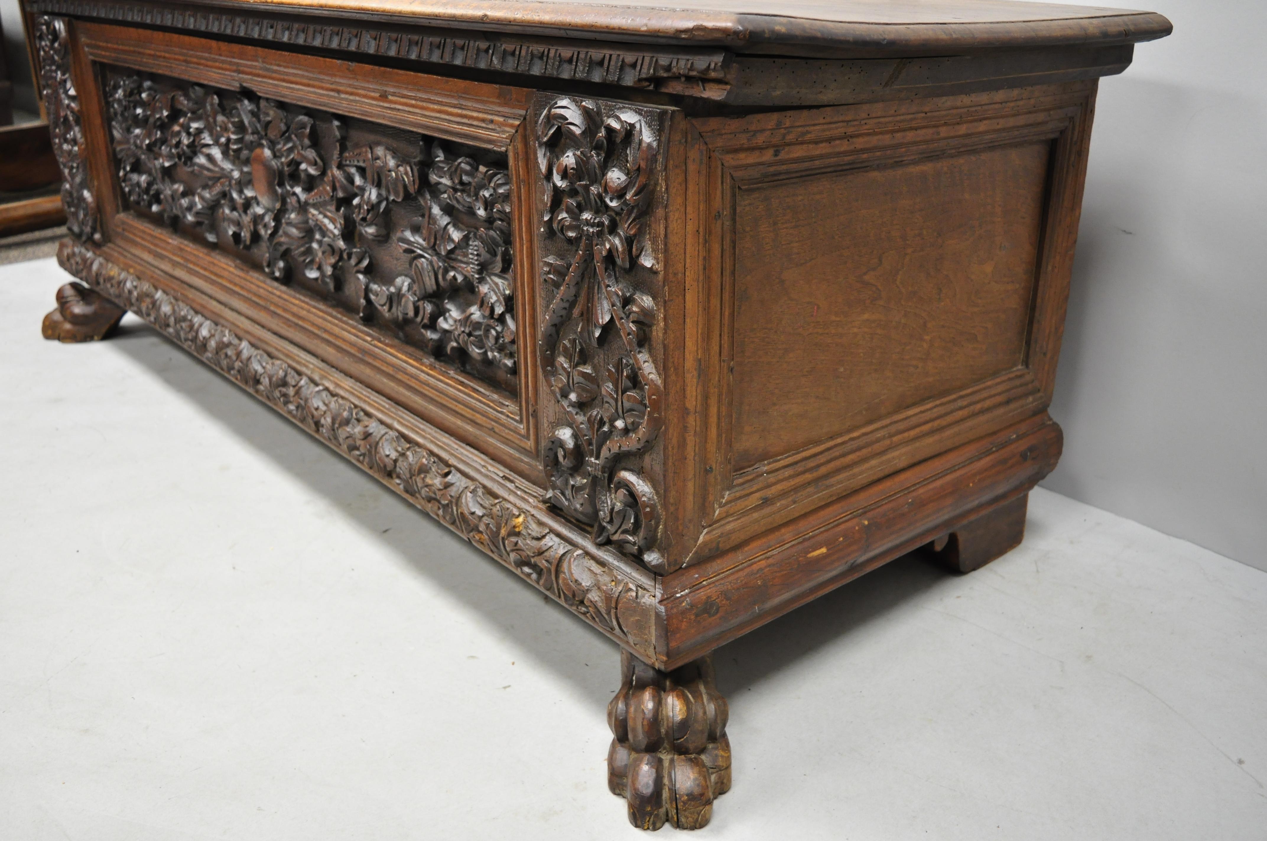 French Renaissance Carved Walnut Paw Foot Coffer Trunk Blanket Chest 8