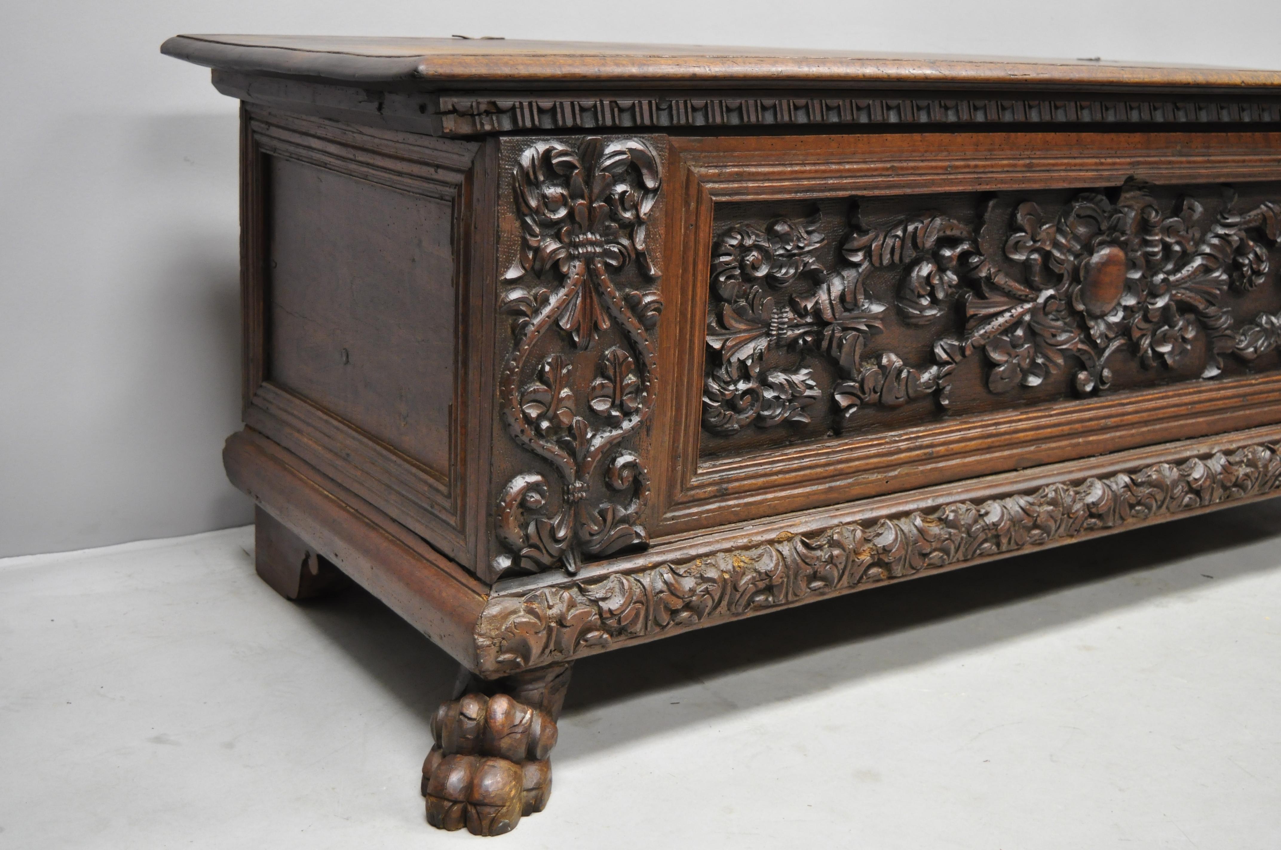 French Renaissance Carved Walnut Paw Foot Coffer Trunk Blanket Chest 1