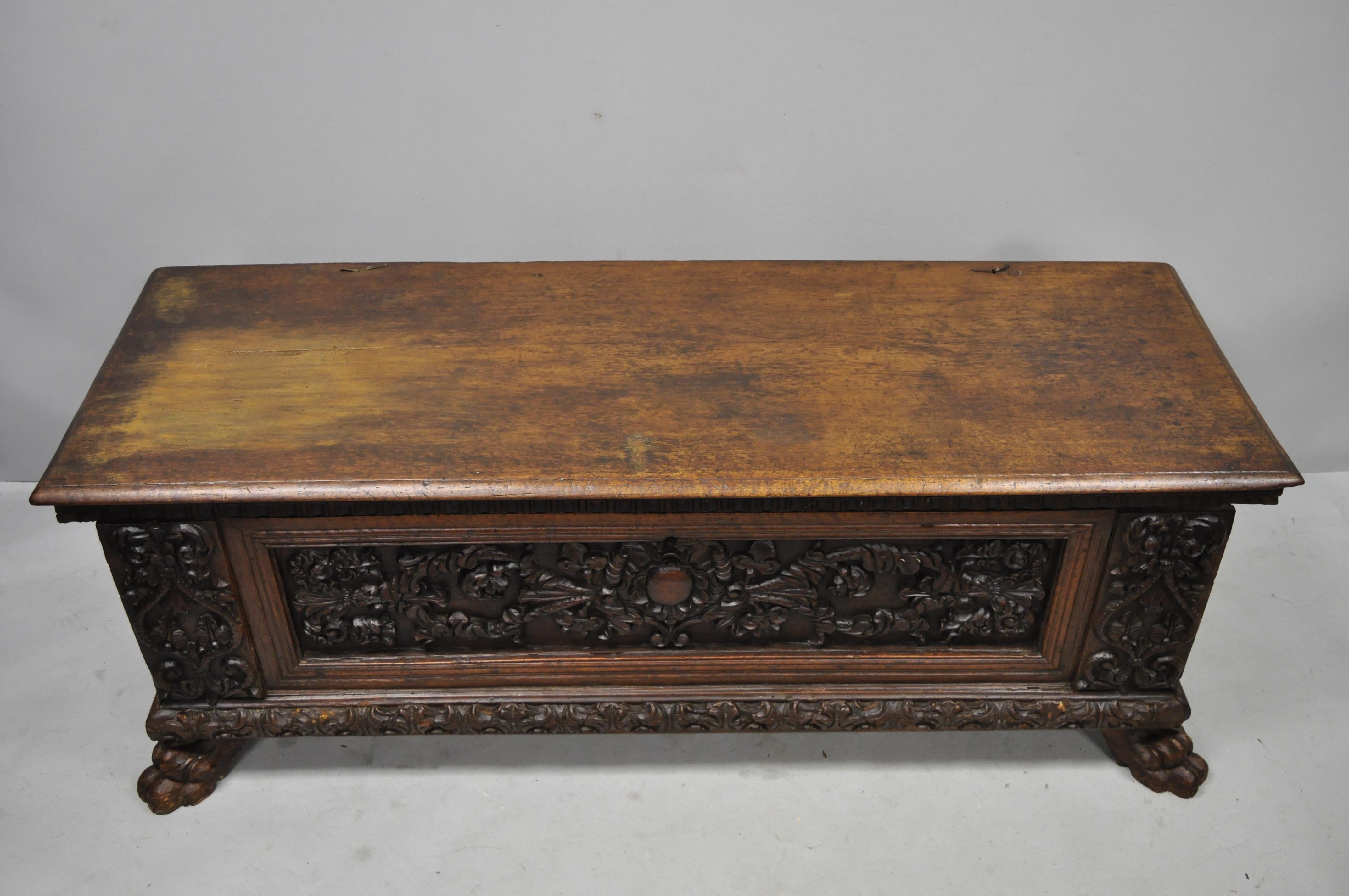 French Renaissance Carved Walnut Paw Foot Coffer Trunk Blanket Chest 2