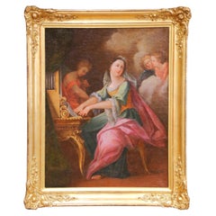 18th C. French Rococo Oil on Canvas Painting of Saint Cecilia in Giltwood Frame