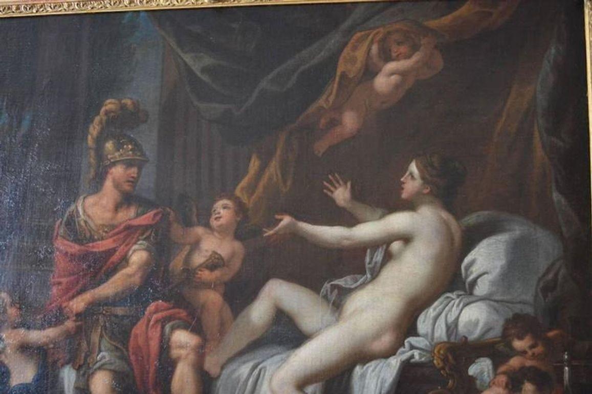 Cette peinture à l'huile sur toile de l'École française du XVIIIe siècle, saisissante et théâtrale, représente Mars et Vénus, les dieux romains de la guerre et de l'amour, entourés d'un ensemble de putti (chérubins) pleins d'entrain. La scène