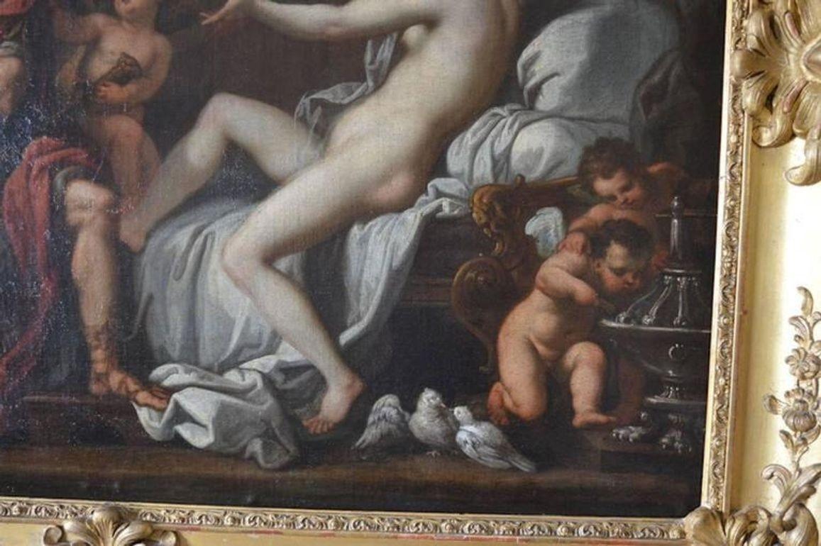 Rococo Peinture à l'huile de l'école française du XVIIIe siècle représentant Marli et Vénus avec Putti dans un cadre en bois doré. en vente