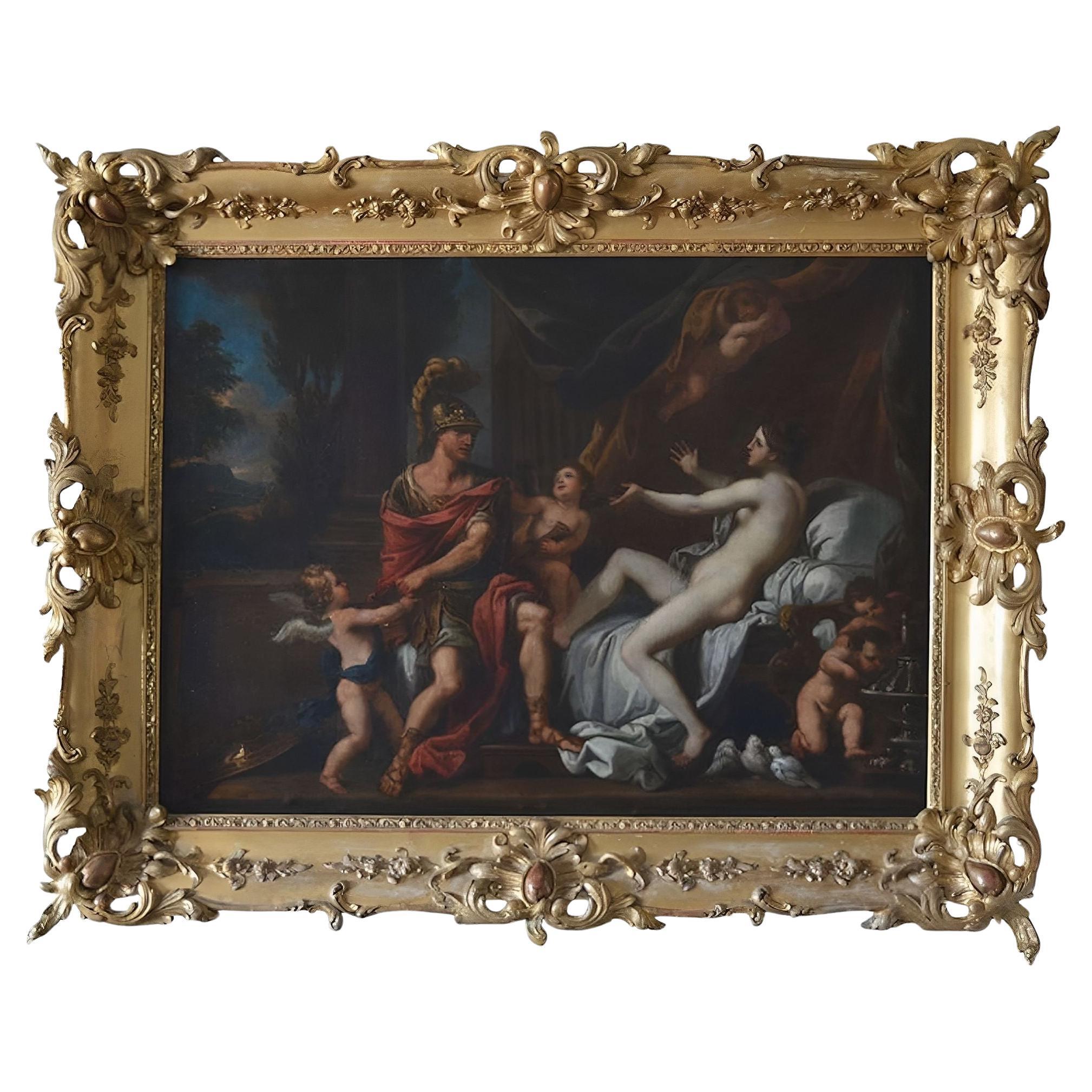 Peinture à l'huile de l'école française du XVIIIe siècle représentant Marli et Vénus avec Putti dans un cadre en bois doré.