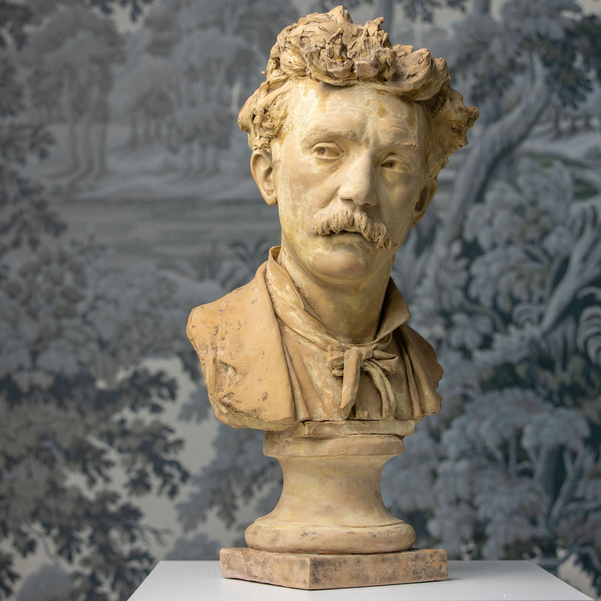 XVIII sec. Busto in terracotta gialla firmato francese di un artista in vendita 9