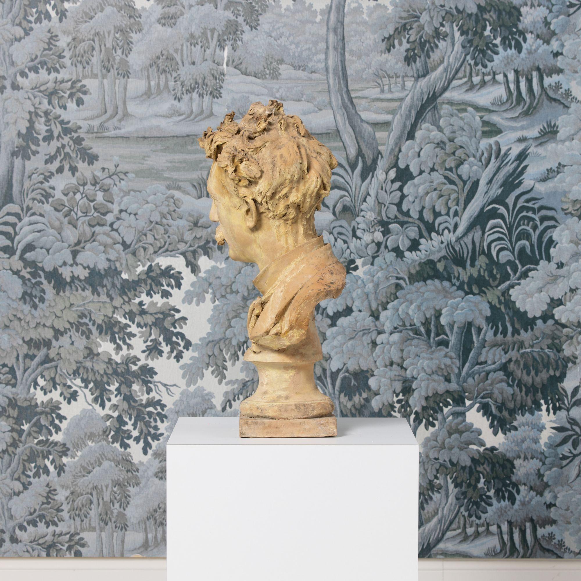 Intagliato a mano XVIII sec. Busto in terracotta gialla firmato francese di un artista in vendita