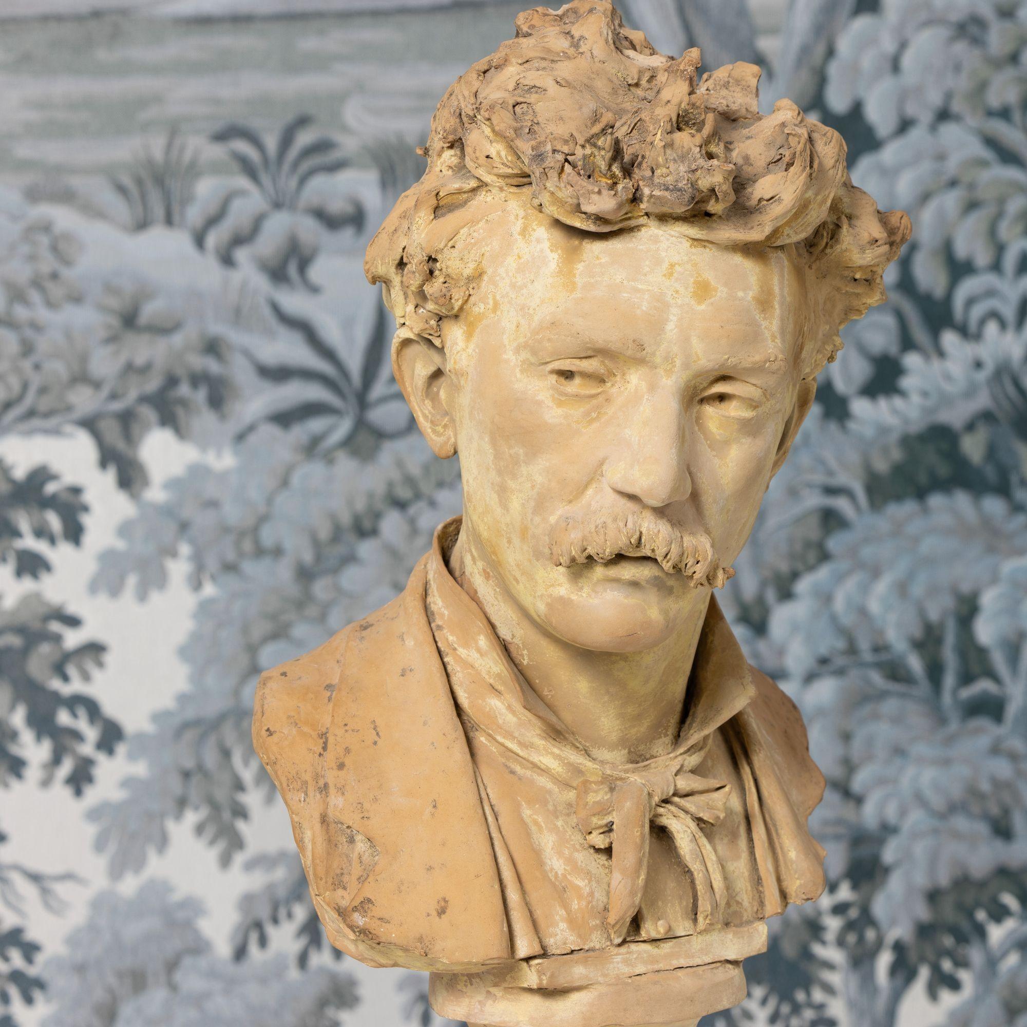 Terracotta XVIII sec. Busto in terracotta gialla firmato francese di un artista in vendita