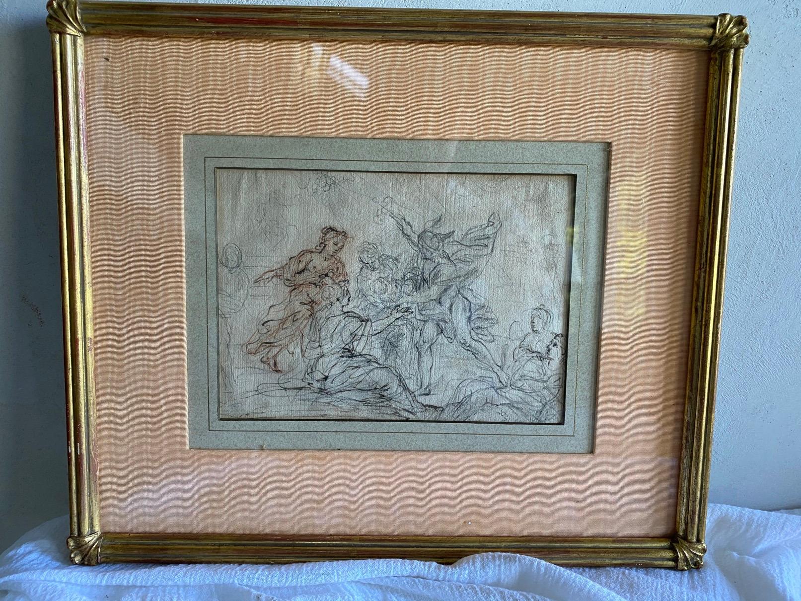 18th century French study of a painting of an allegory. Gold giltwood frame with salmon color moiré fabric around matting. Drawing measures 6