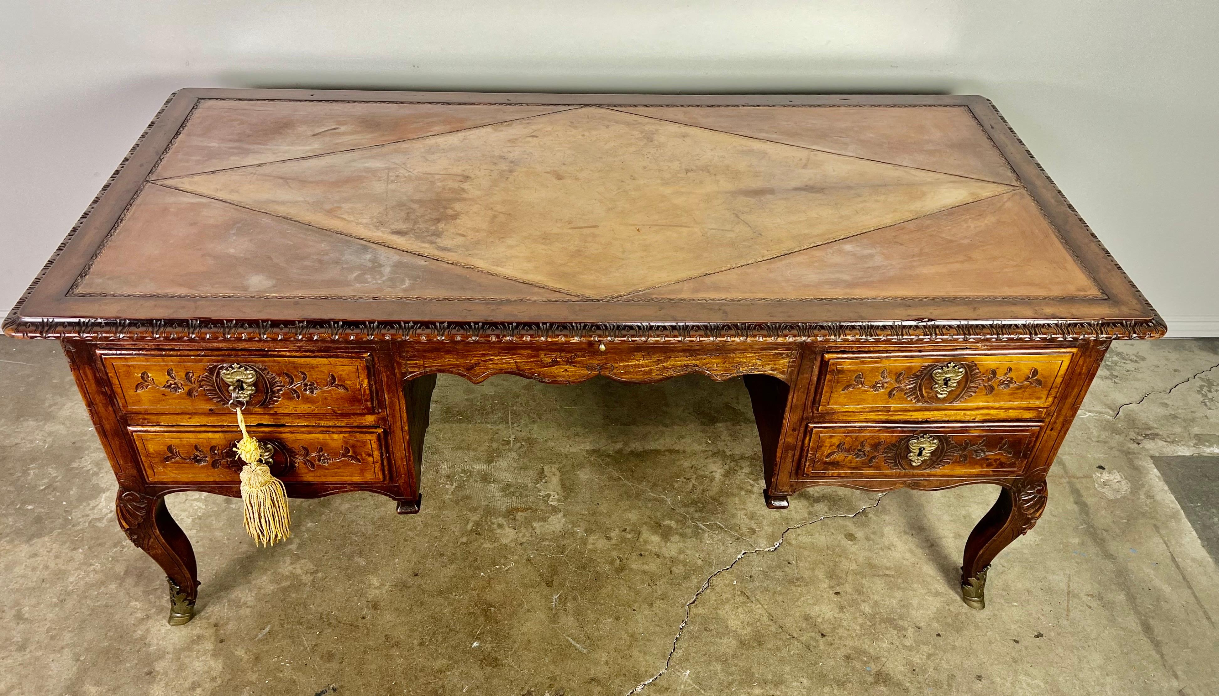 French Provincial 18th Century, French Walnut Leather Top Writing Table W/ Bronze Hardware For Sale
