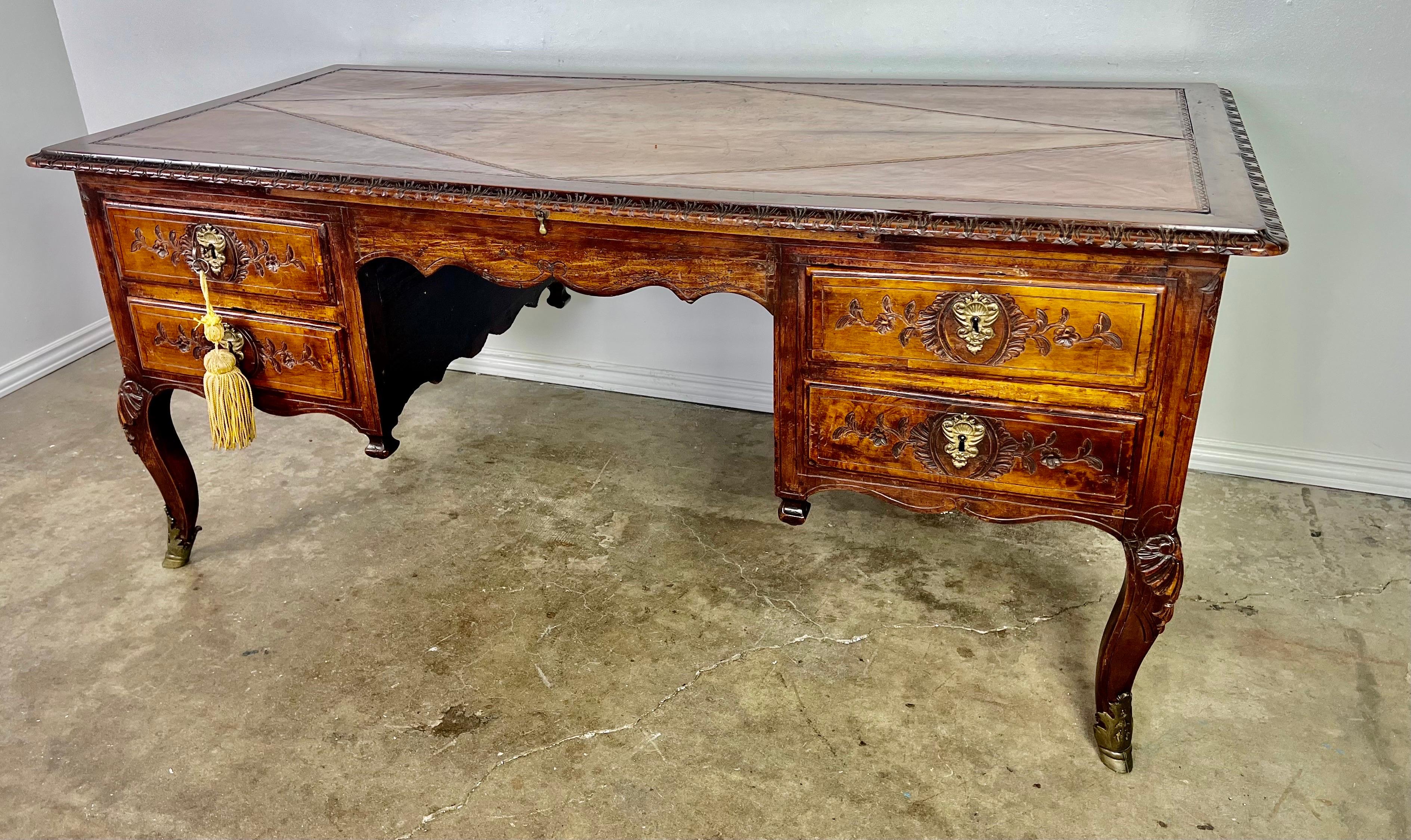 Hand-Carved 18th Century, French Walnut Leather Top Writing Table W/ Bronze Hardware For Sale