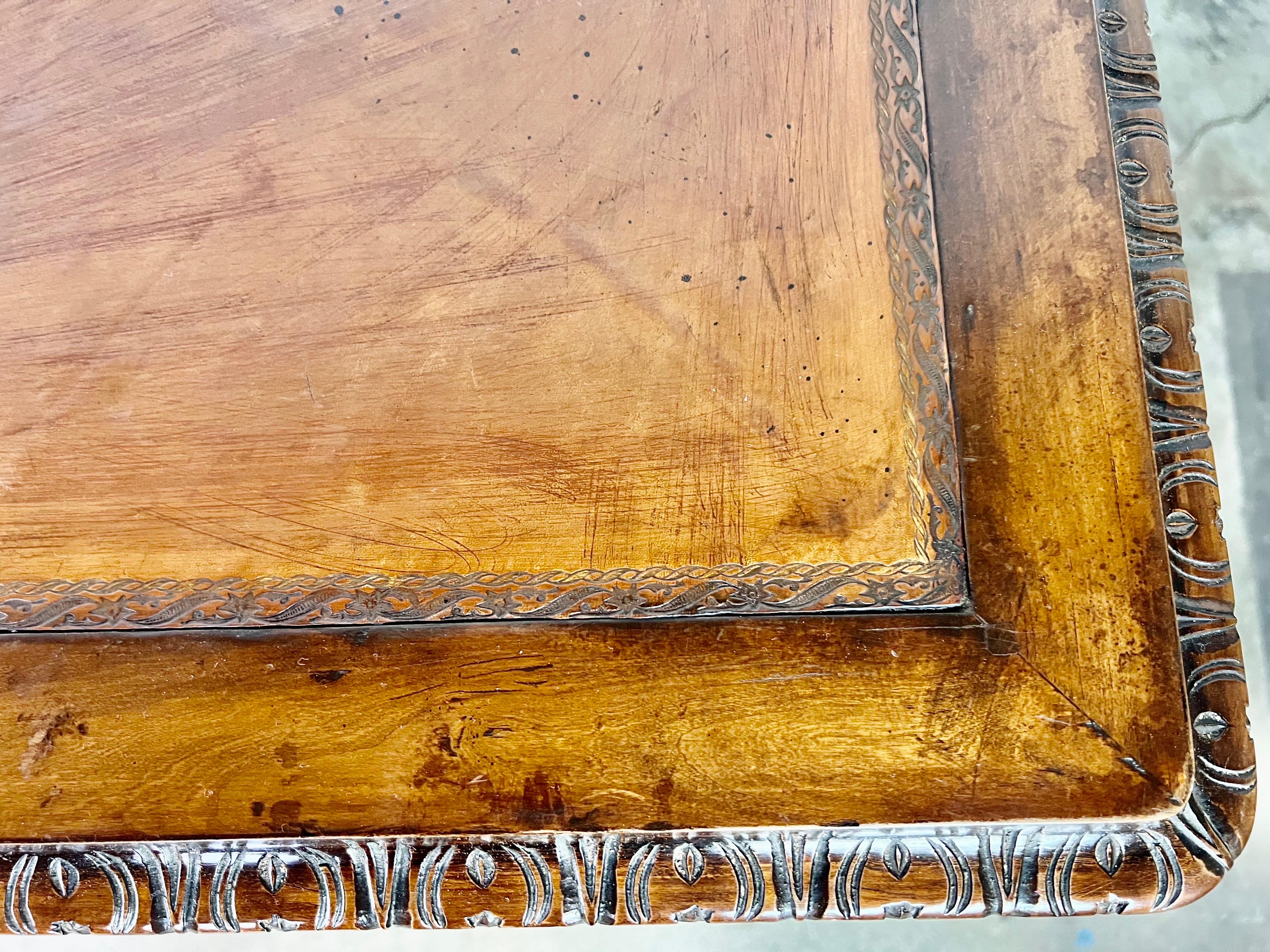 18th Century, French Walnut Leather Top Writing Table W/ Bronze Hardware In Distressed Condition For Sale In Los Angeles, CA