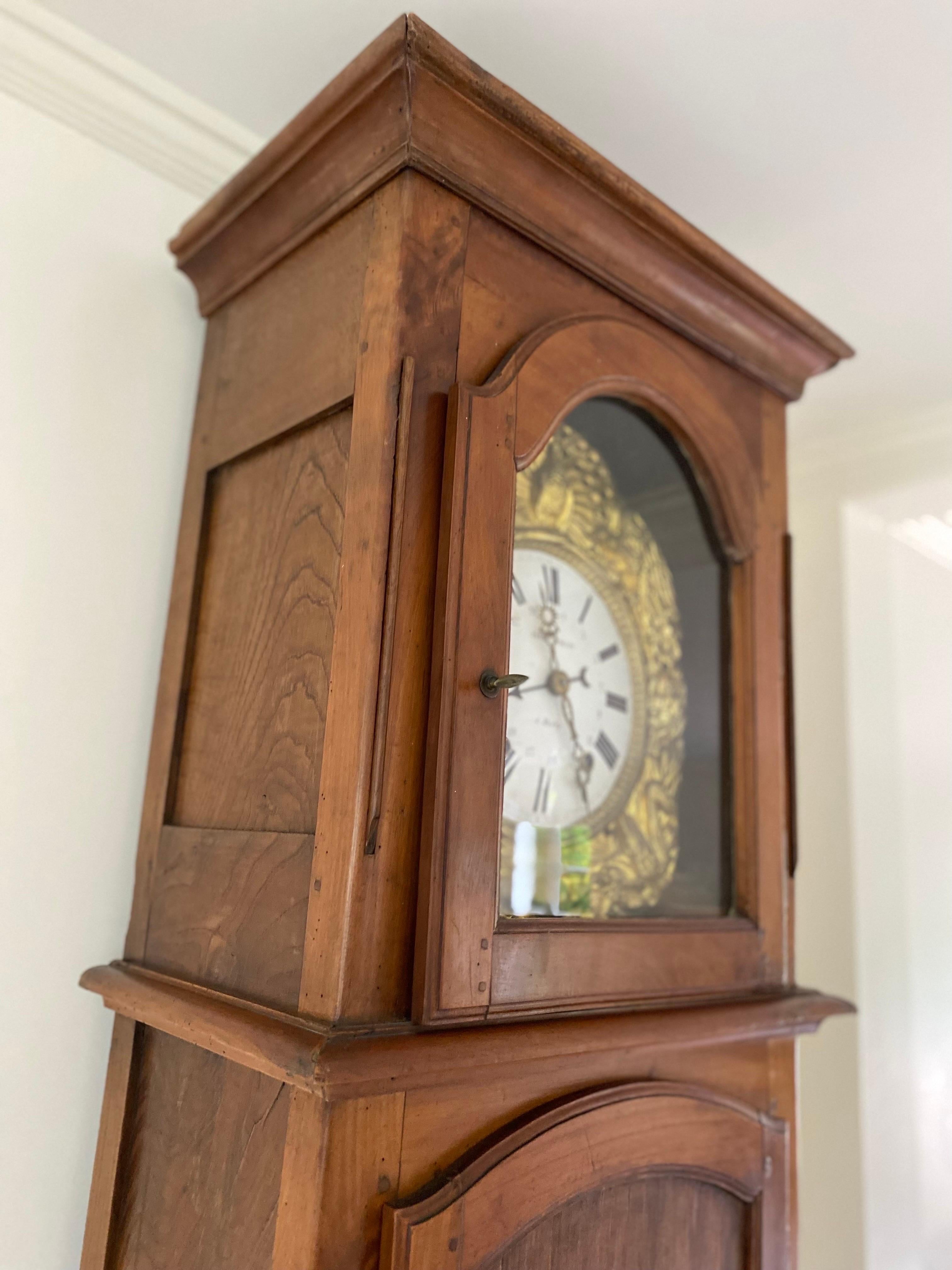18th C French Walnut Louis XV Longcase Clock from Meslay by Patou-Collin For Sale 12