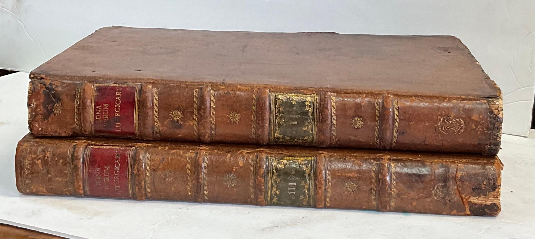 18th-C. Georgian Large Leather & Faux Marble Latin Religious Books, S/2 Library For Sale 5