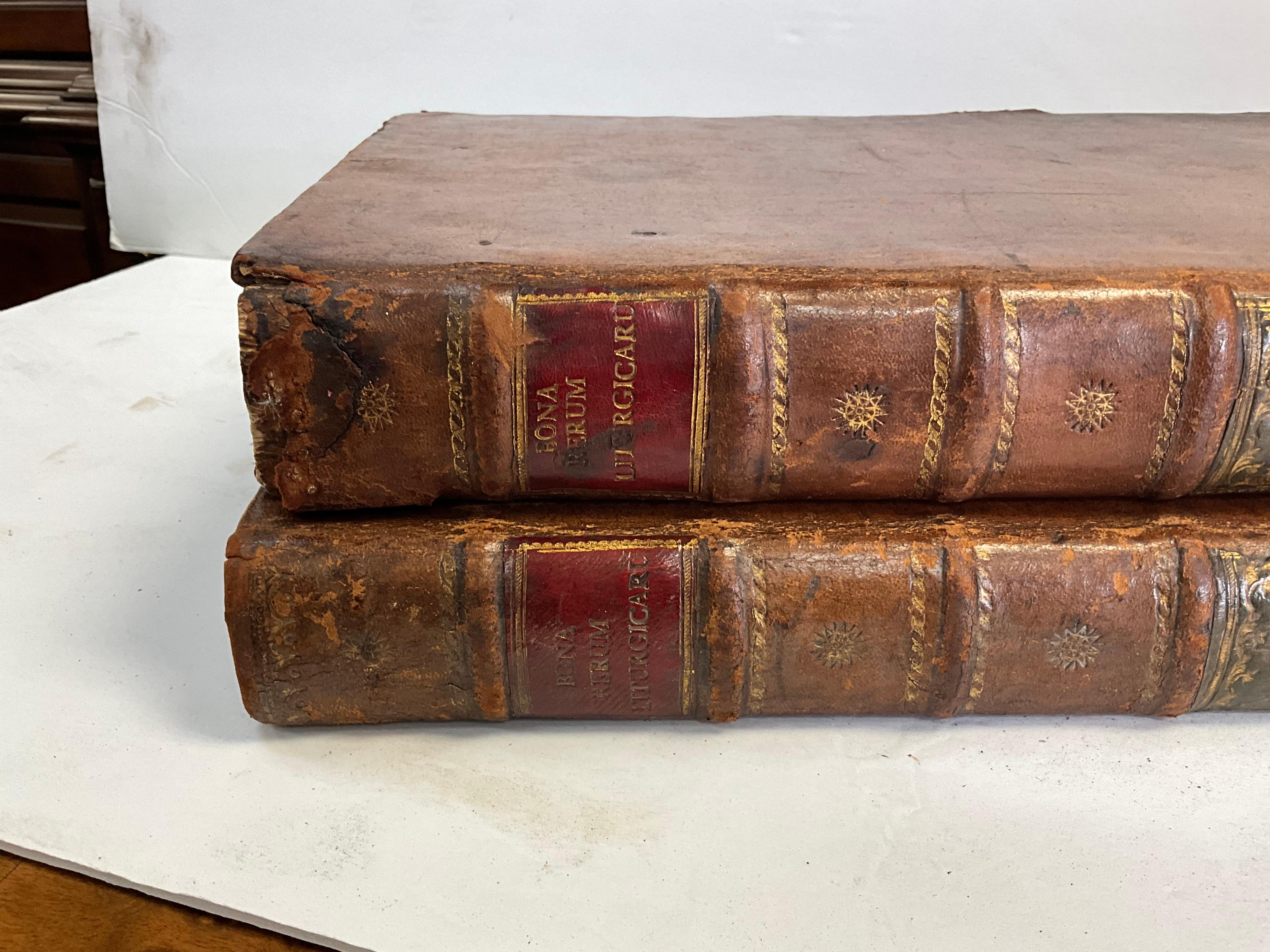 18th-C. Georgian Large Leather & Faux Marble Latin Religious Books, S/2 Library For Sale 6