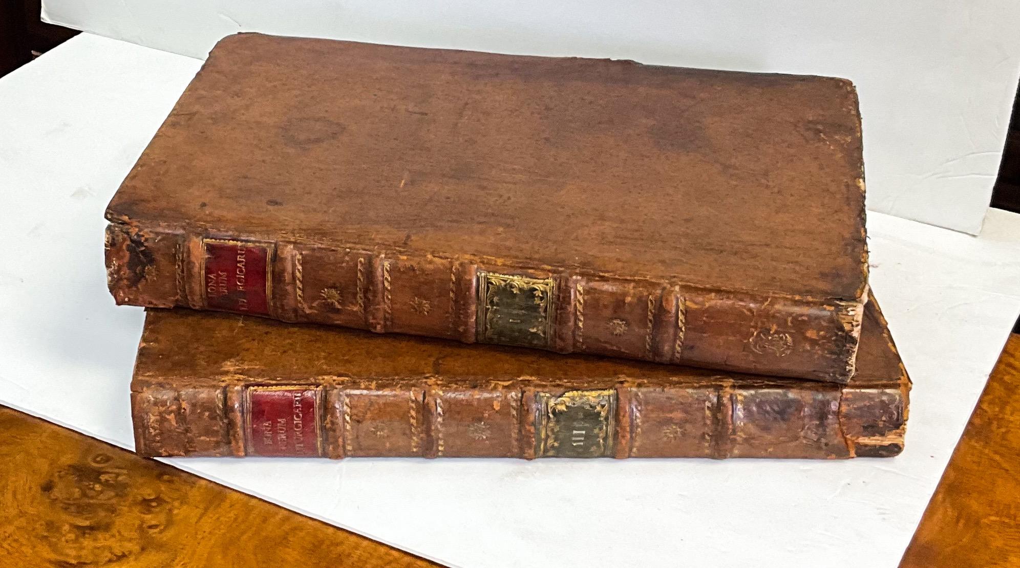 German 18th-C. Georgian Large Leather & Faux Marble Latin Religious Books, S/2 Library For Sale