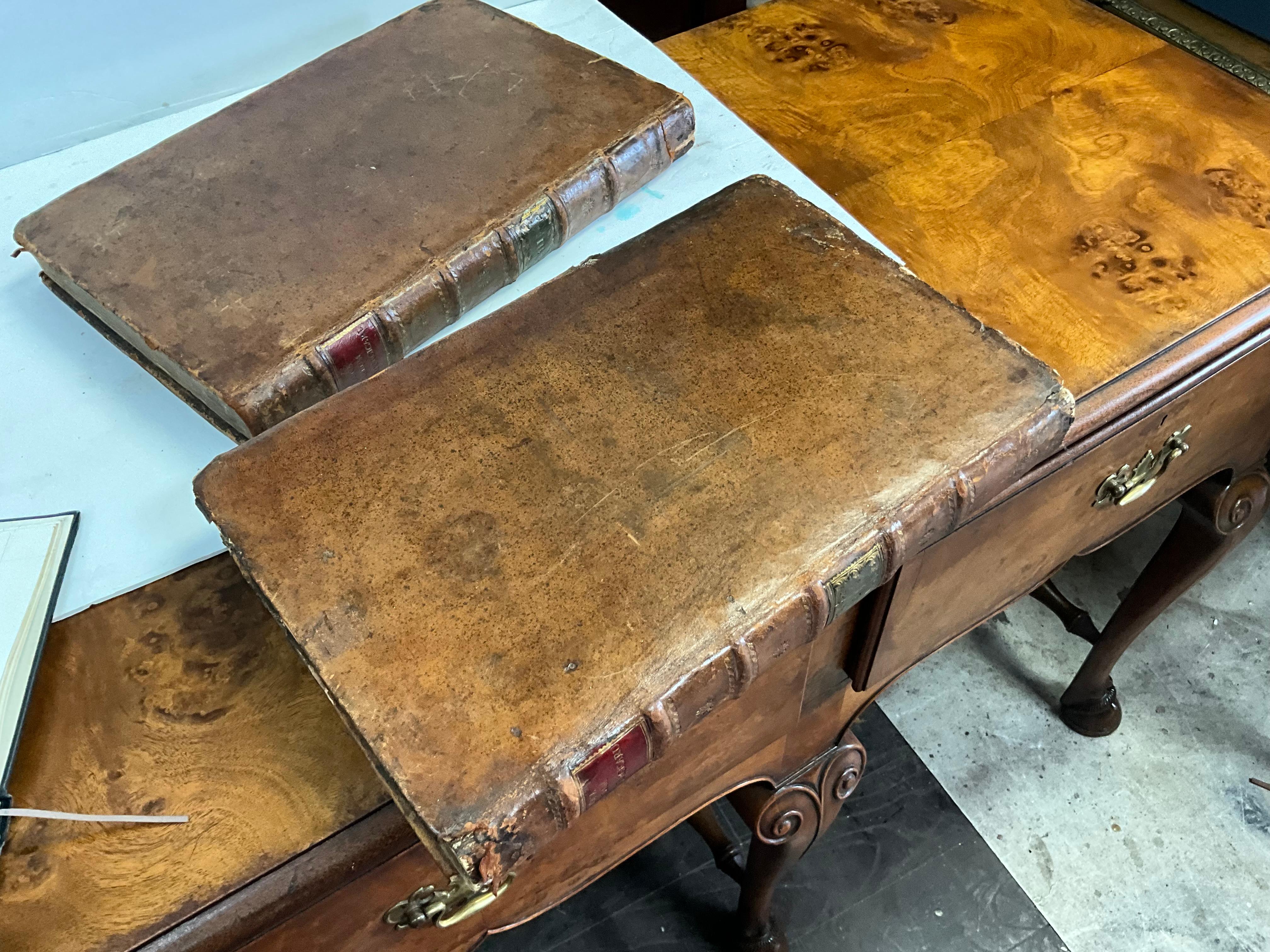 18th-C. Georgian Large Leather & Faux Marble Latin Religious Books, S/2 Library In Good Condition For Sale In Kennesaw, GA