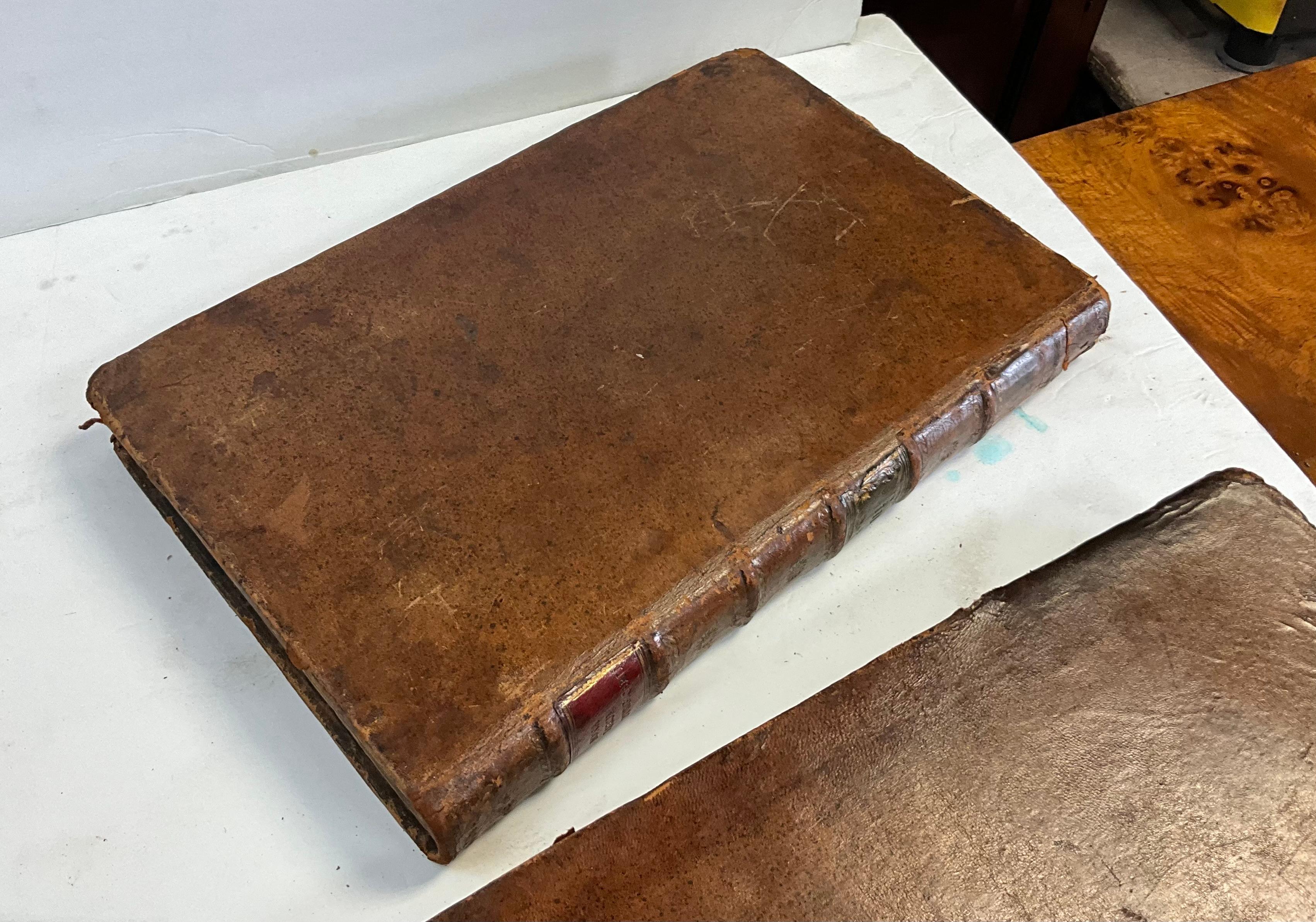 18th Century 18th-C. Georgian Large Leather & Faux Marble Latin Religious Books, S/2 Library For Sale