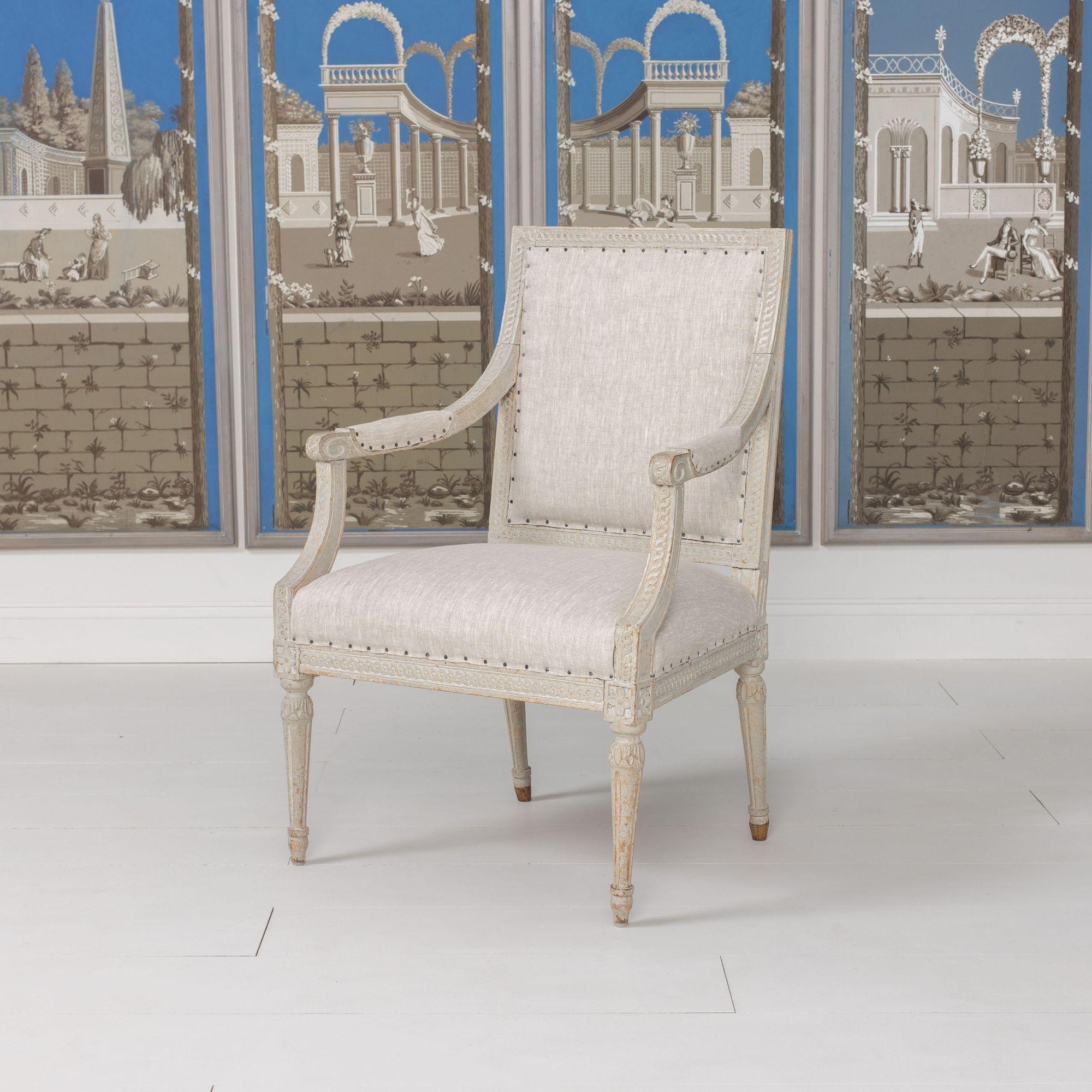 Hand-Carved 18th c. German Louis XVI Period Beech Wood Armchair in Original Paint For Sale