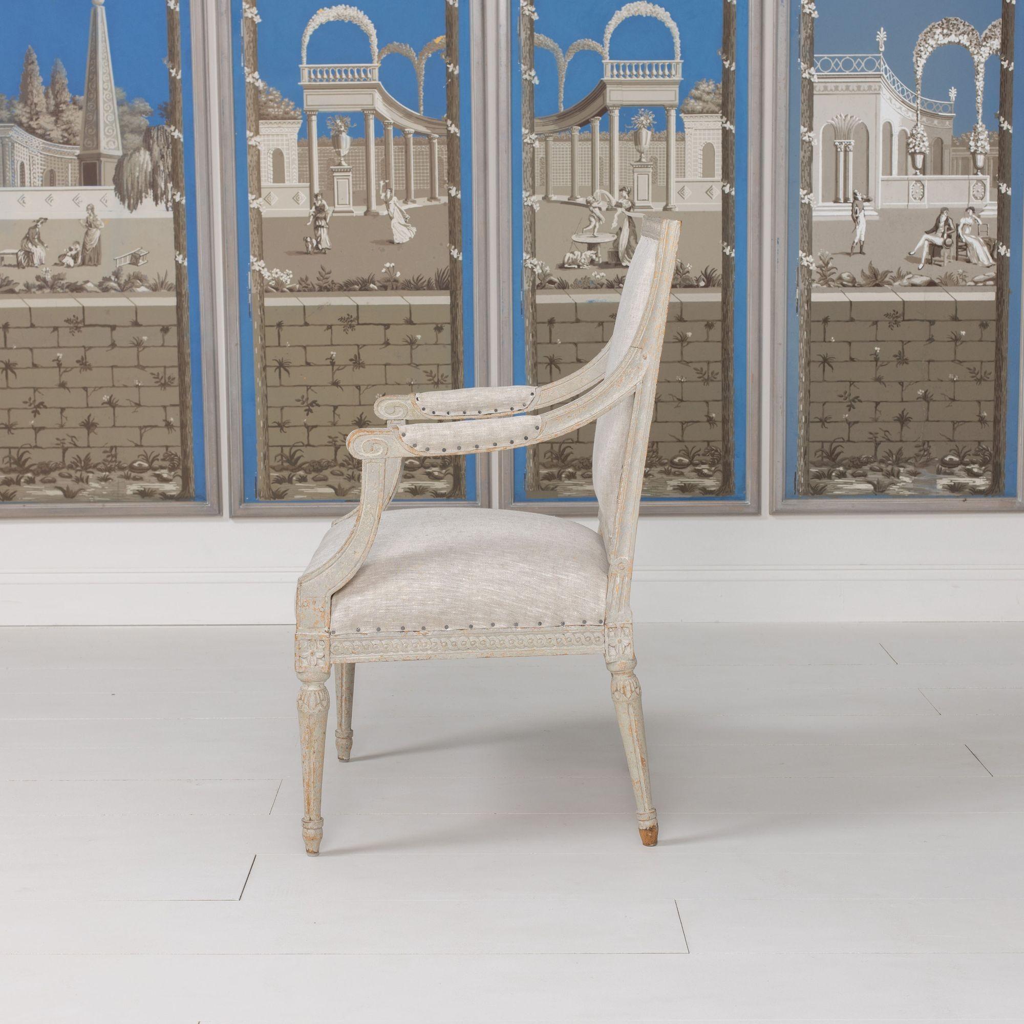 Linen 18th c. German Louis XVI Period Beech Wood Armchair in Original Paint For Sale