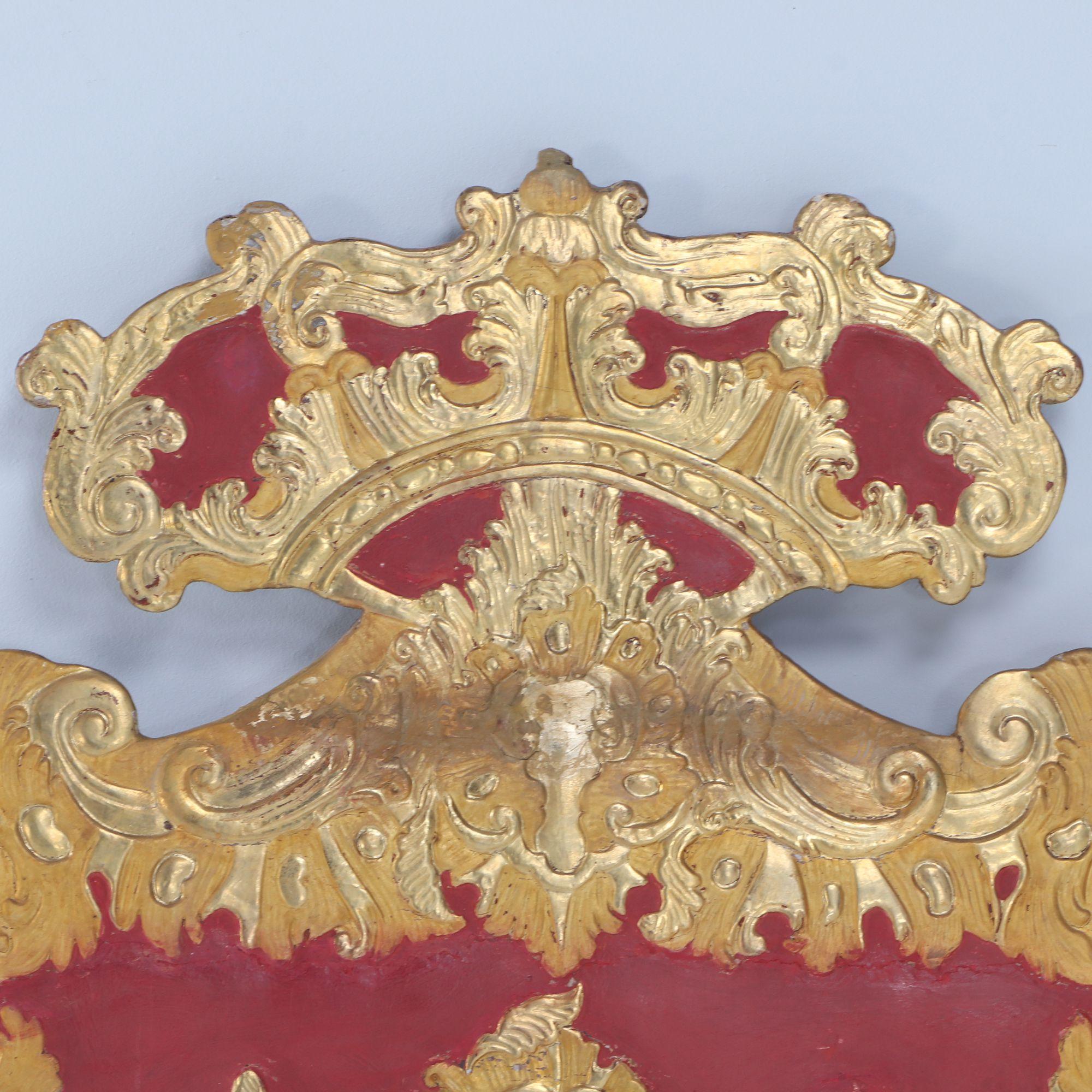 Continental gilt and painted wood headboard form the eighteenth century. This piece was designed to be mounted to a wall and would be mounted up off of the ground to align with your mattress.
