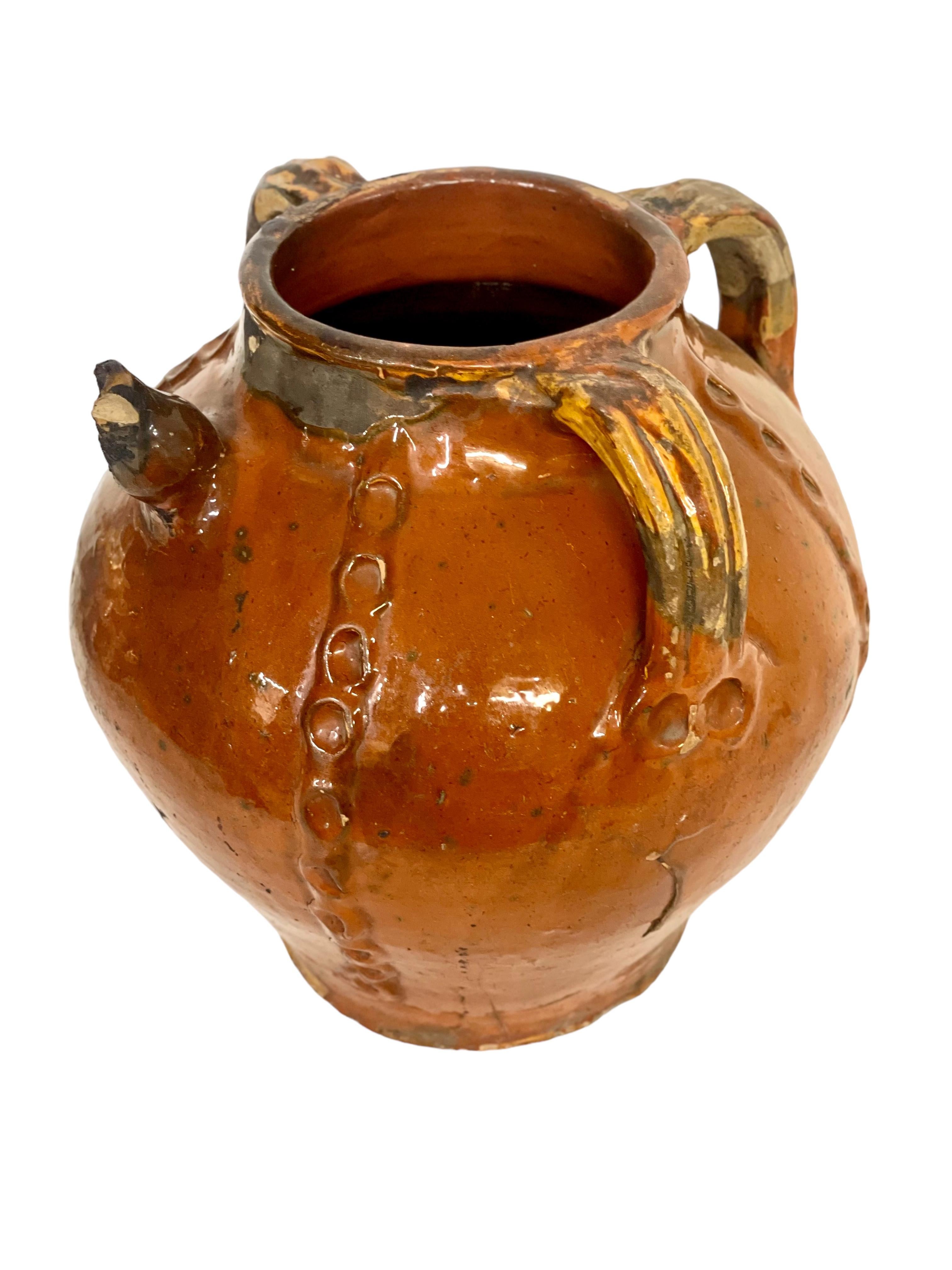 18th Century and Earlier 18th Century French Glazed Walnut Oil Jug with Three Handles For Sale