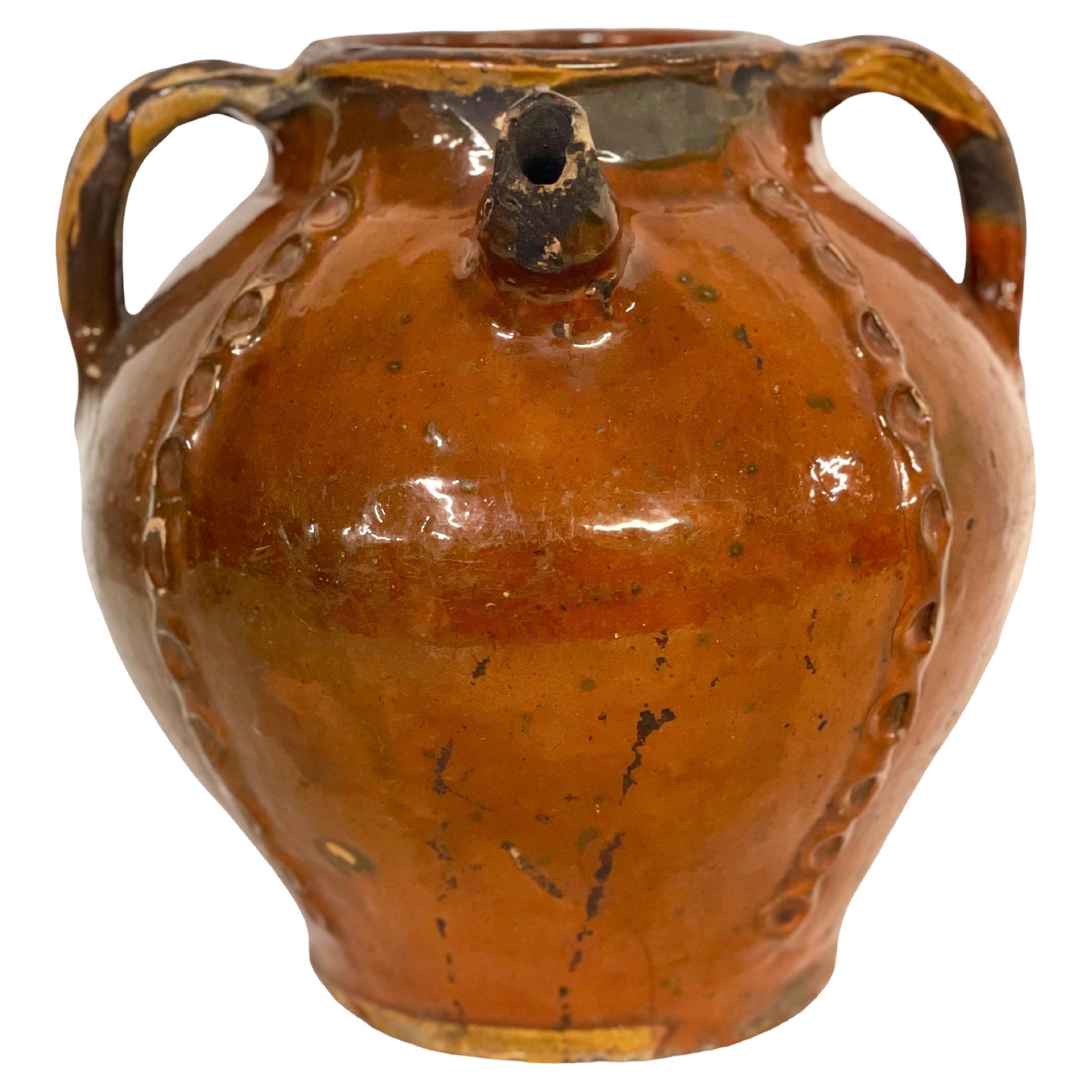 18th Century French Glazed Walnut Oil Jug with Three Handles For Sale