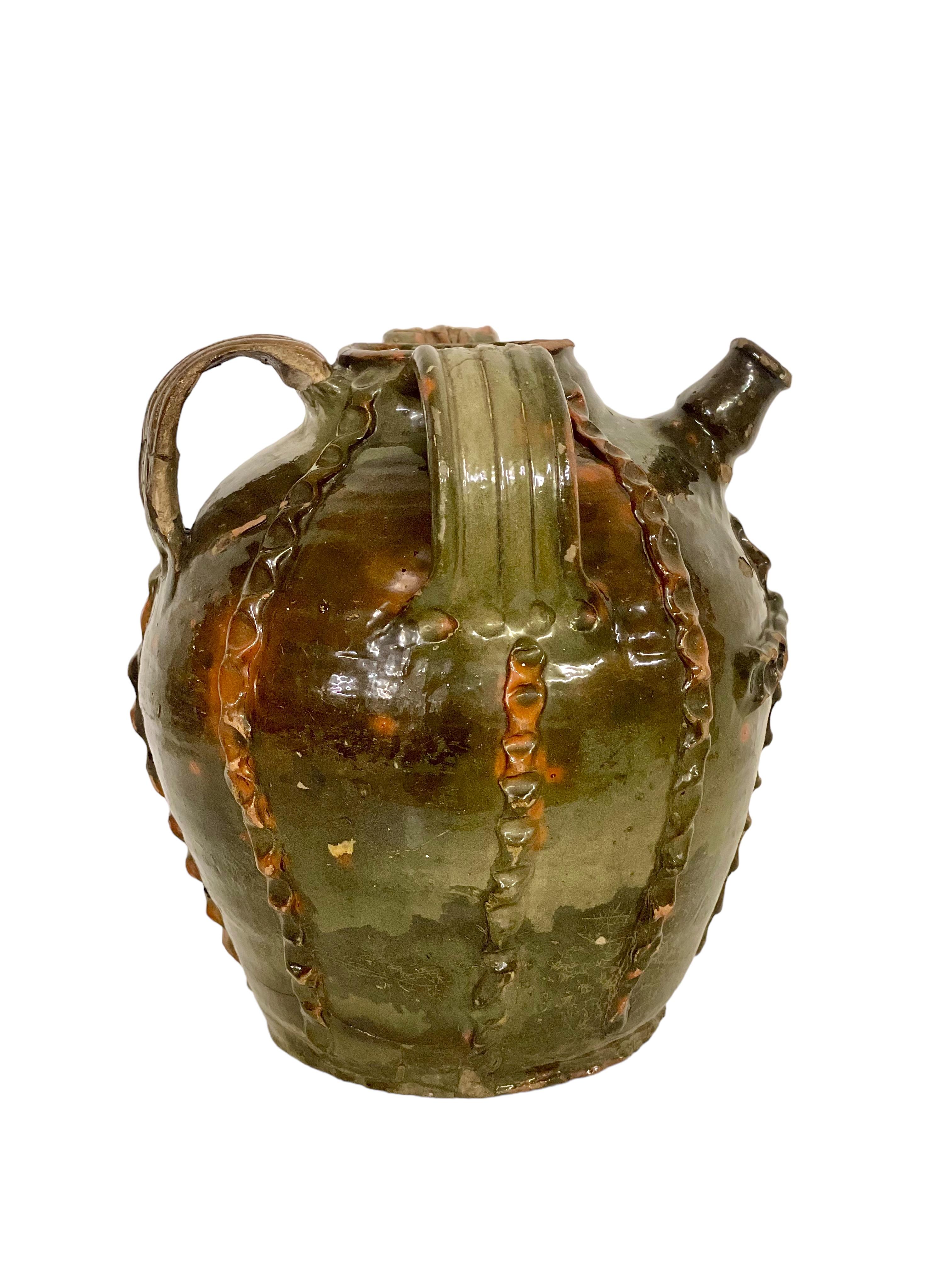18th Century French Green Glazed Walnut Oil Jar  For Sale 7