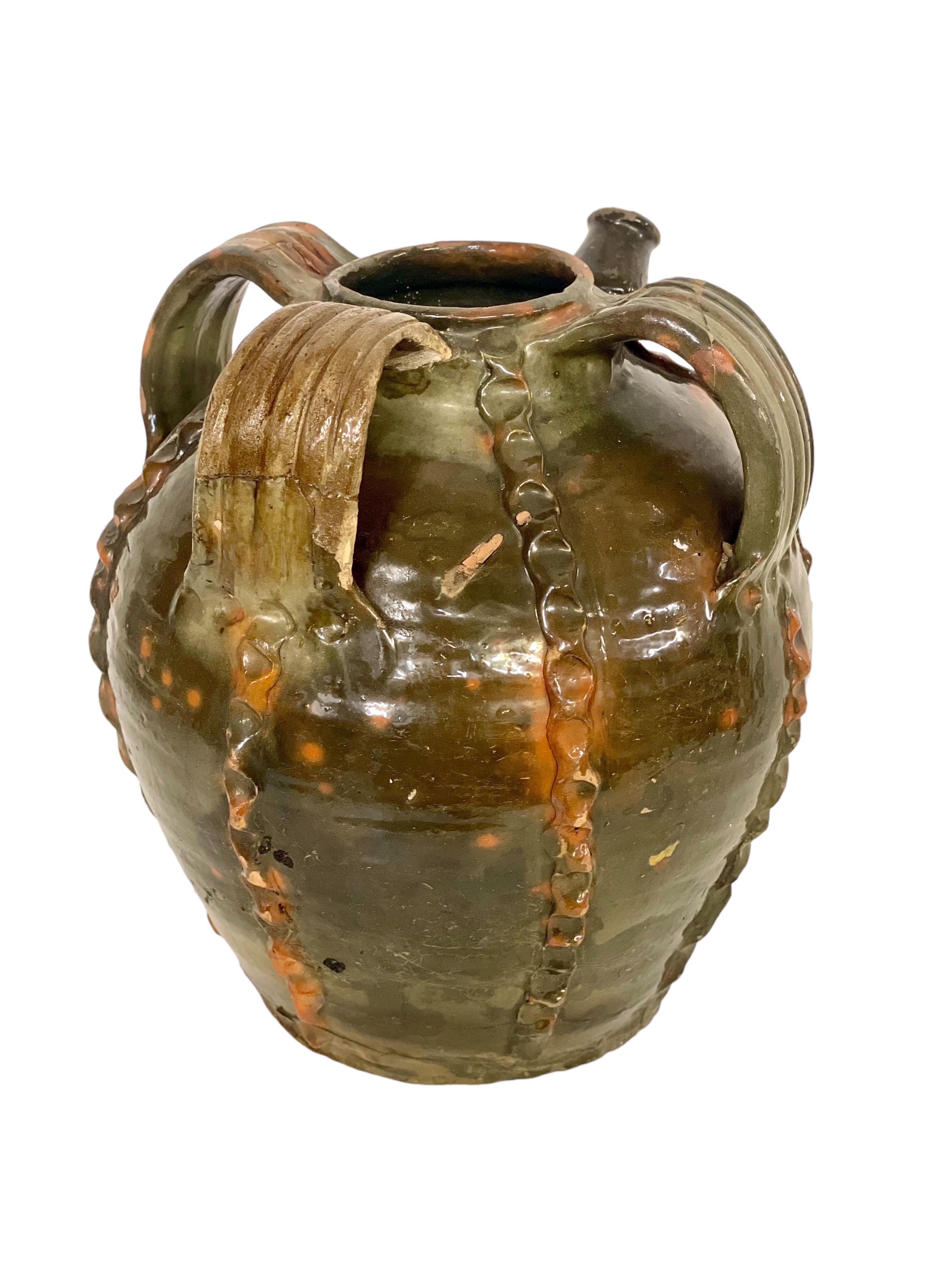 18th Century French Green Glazed Walnut Oil Jar  For Sale 1