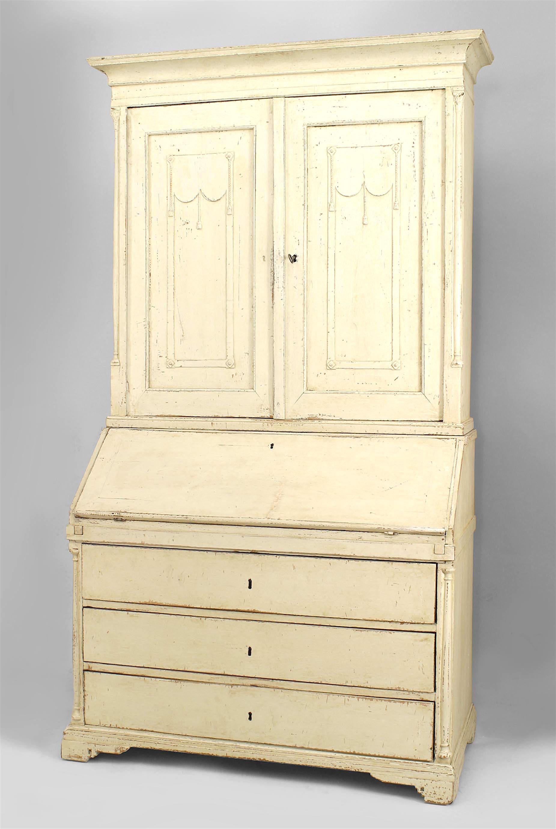 Continental Gustavian-style (Possibly Swedish/ Danish 18th Century) off-white painted secretary with carved column sides and carved simple swag and tassel design on front top section doors
