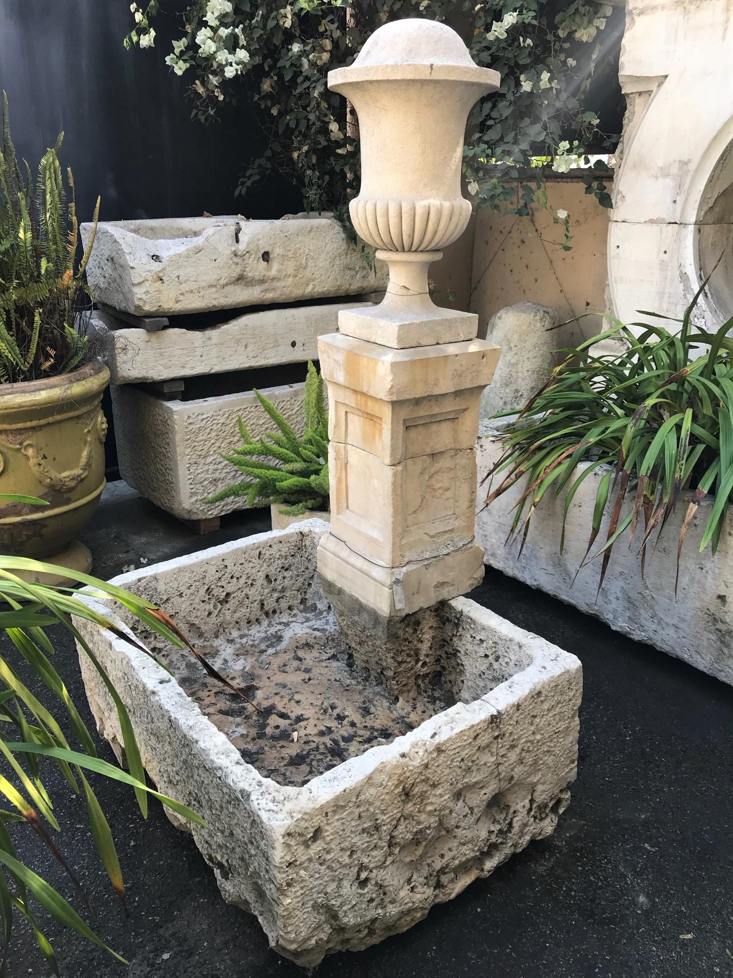 Hand carved stone container trough farm sink fountain basin antiques LA Fire pit 18th century exquisite water fountain basin of hand carved stone Lavoir. This trough could be installed with a simple bronze spout or a carved stone fountain head, we
