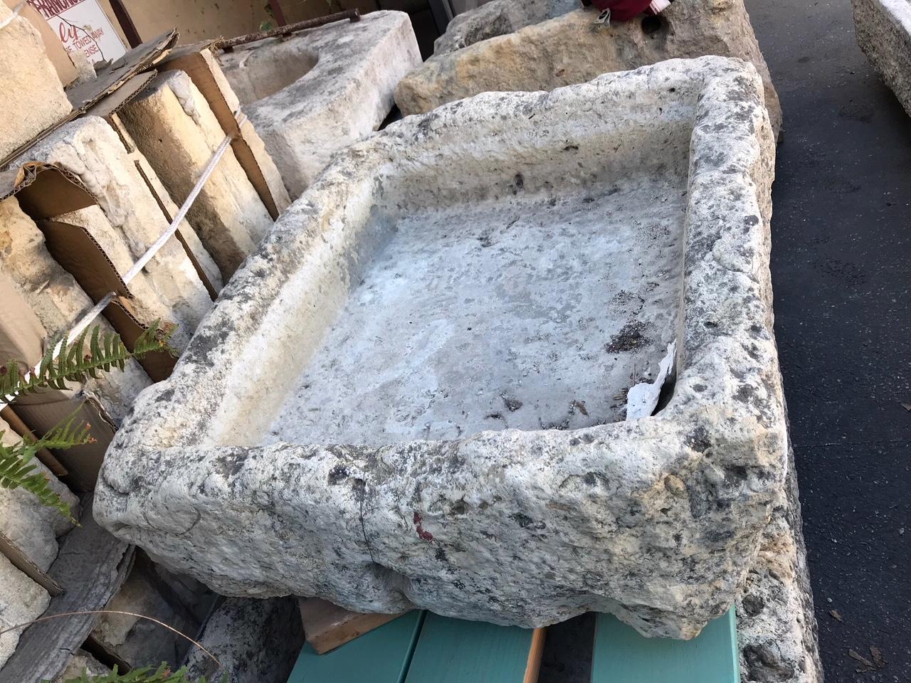 Hand carved stone farm sink container basin planter fountain trough antique LA. A very charming and rustic 18th century water fountain Basin sink of hand carved stone. They used them as outdoor washing tubs, to wash the fruits and vegetables in the