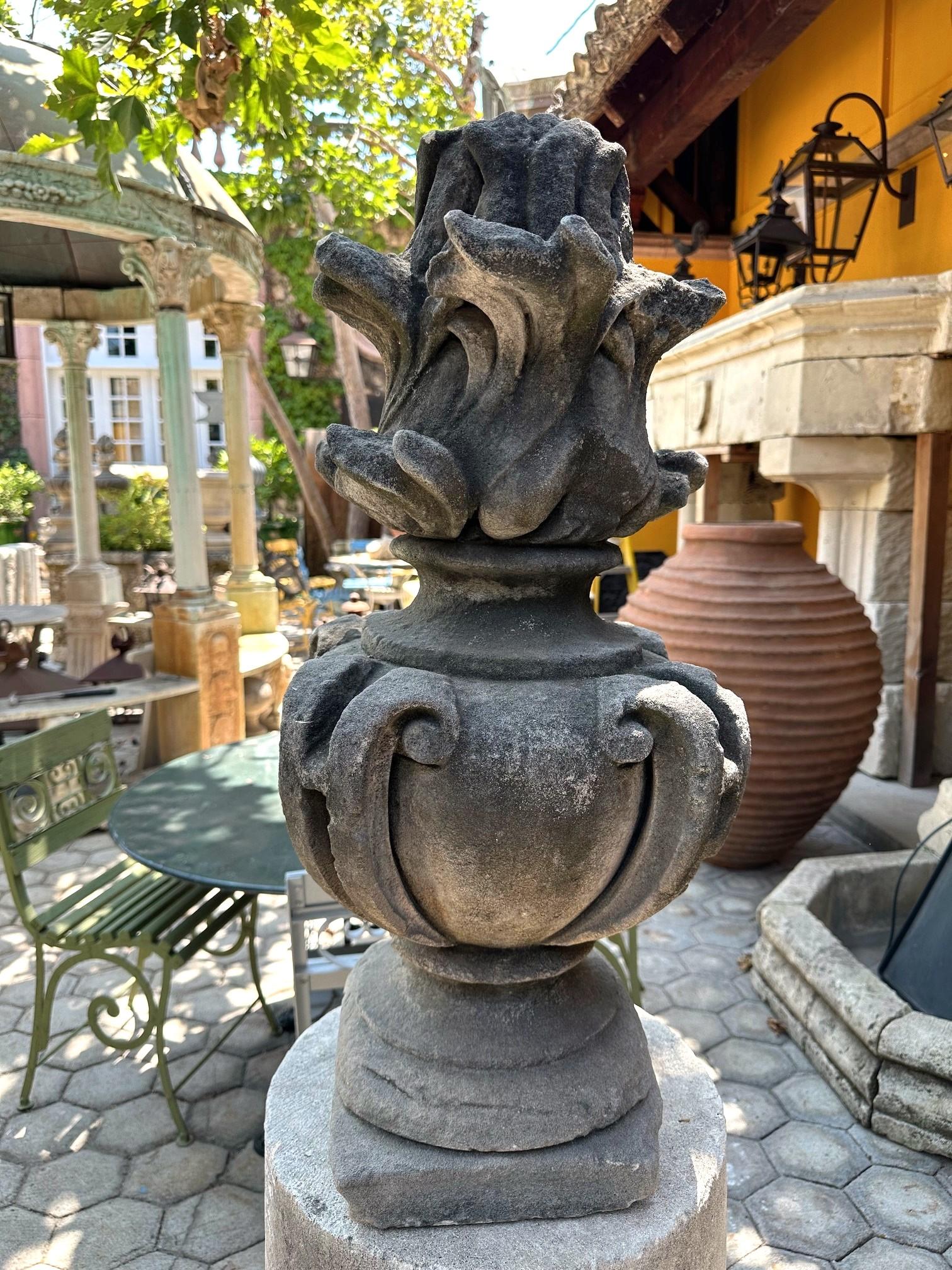 18th Century and Earlier 18th C. Hand Carved Stone Finial Decorative Architectural Element Antique Flame For Sale