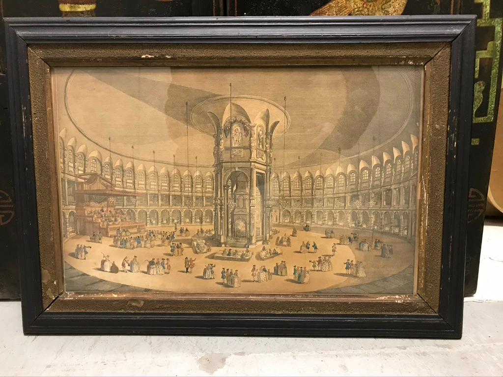 An inside View of the Rotundo in Ranelagh Gardens, after Antonio Canaletto (1697 - 1768). Engraved by  by Thomas Bowles, 1754.
Hand colored engraving, in original ebonized frame with carved gilt wood sanded slips. Original glass. Amazing it has