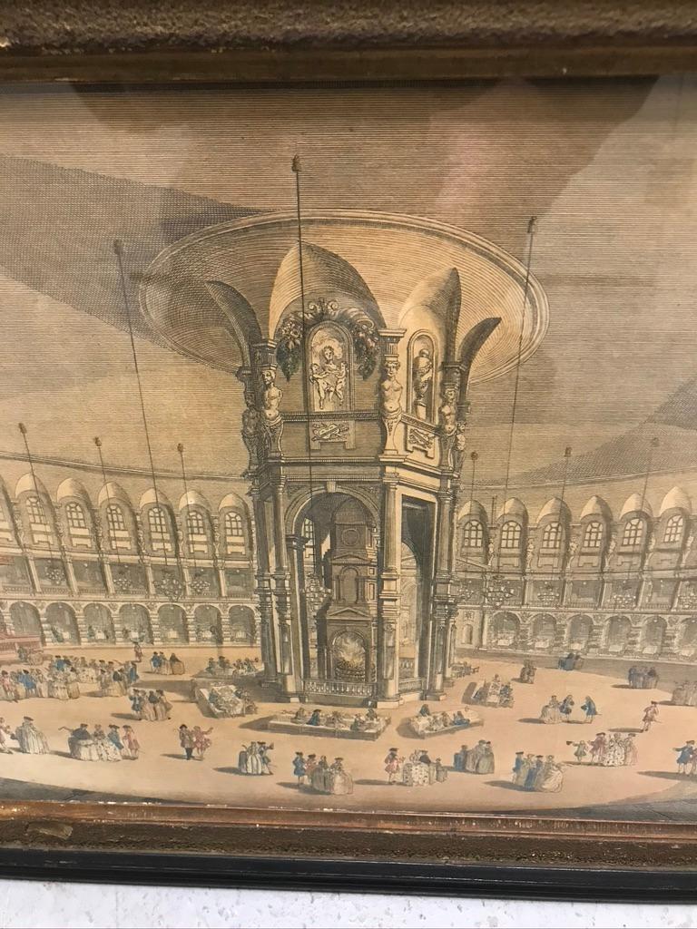 English 18th C Hand Colored Engraving of The Rotunda at Ranleagh Gardens After Canaletto For Sale
