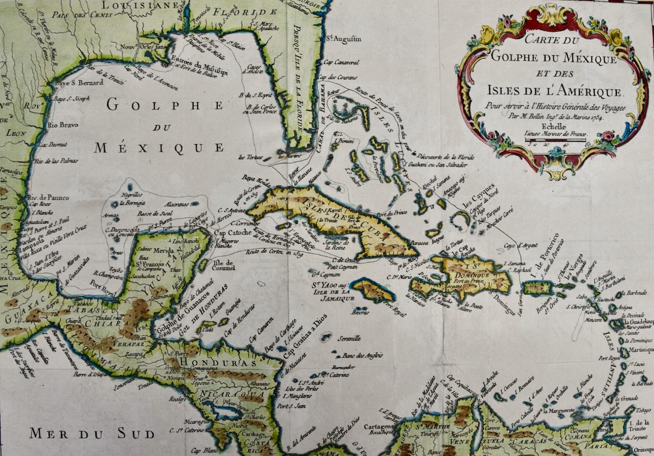 Engraved Gulf of Mexico, Florida, C. America, Cuba, etc.: 18th C. Hand-colored Bellin Map