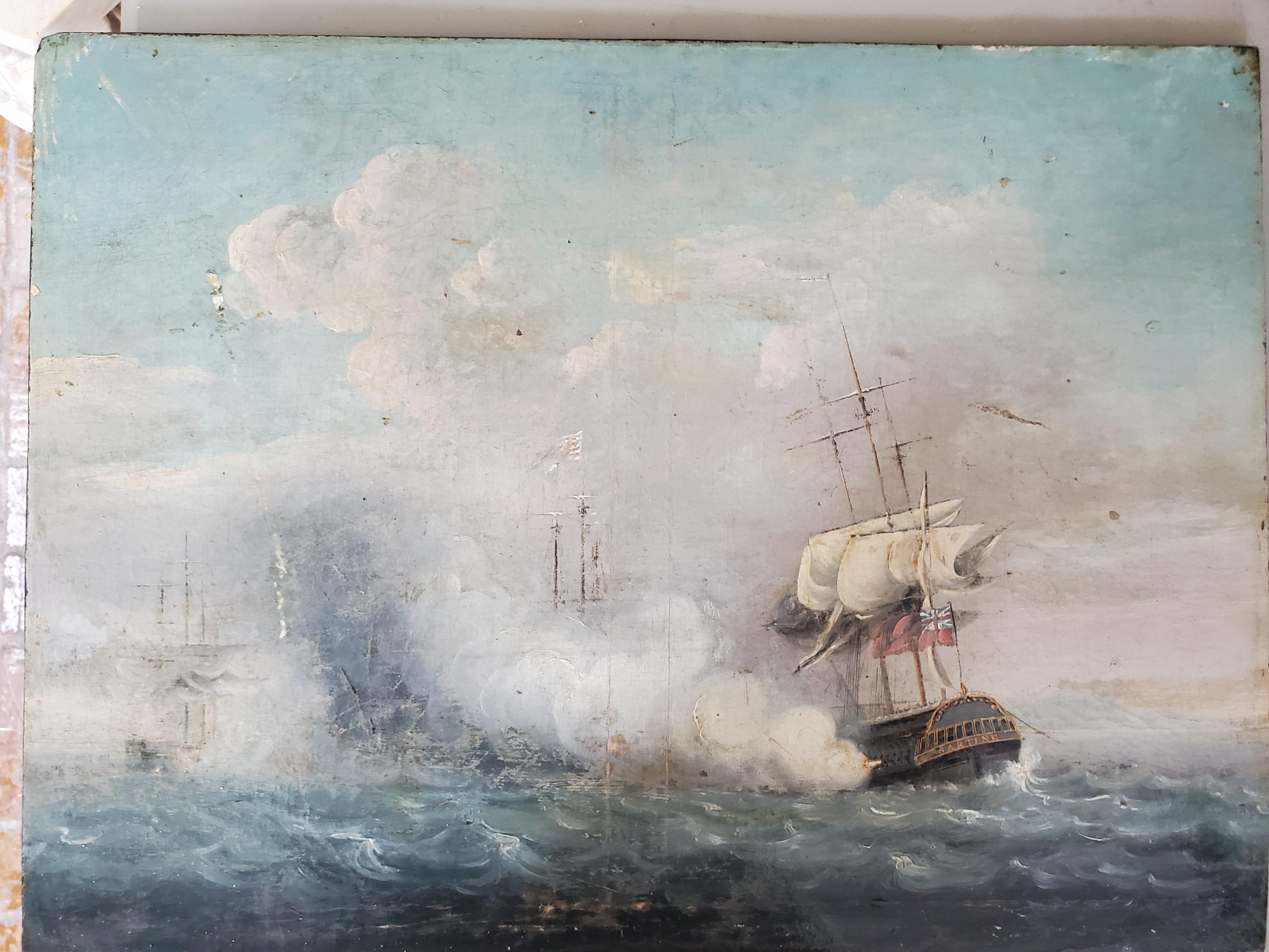 18th c Historical English India Naval Battle Oil Painting by John Thomas Serres In Good Condition For Sale In Savannah, GA