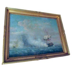 Vintage 18th c Historical English India Naval Battle Oil Painting by John Thomas Serres
