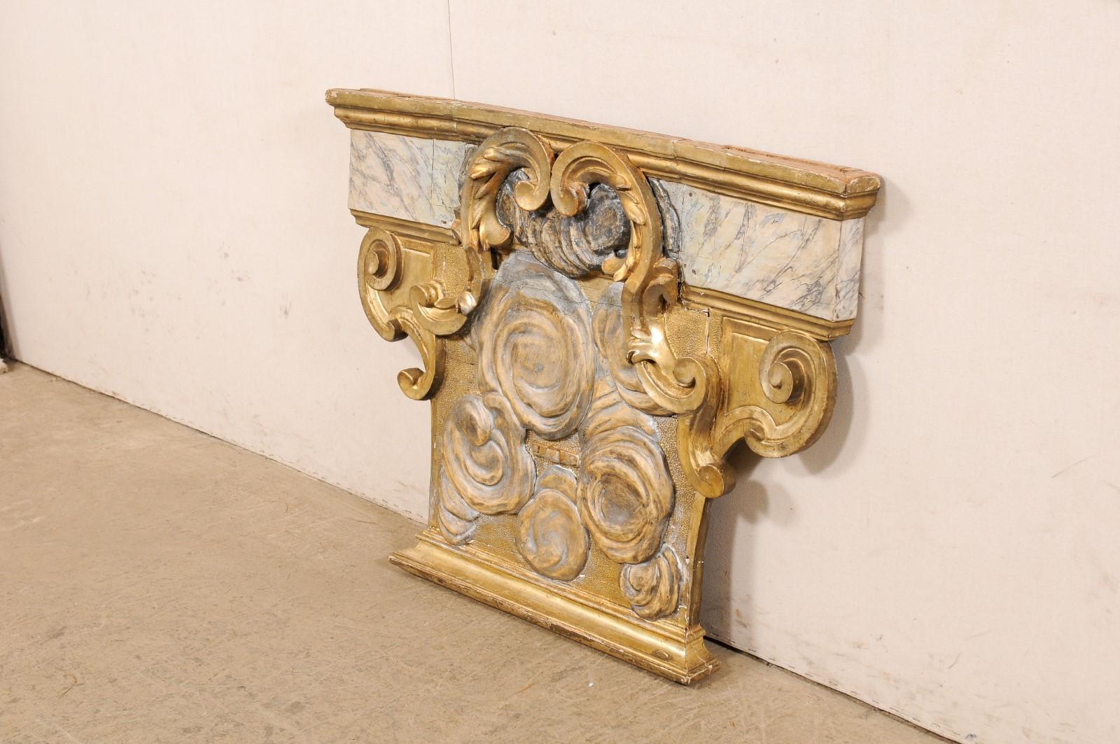 18th C. Italian Architectural Carved, Faux-Marble Painted & Gilt Wood Plaque For Sale 3