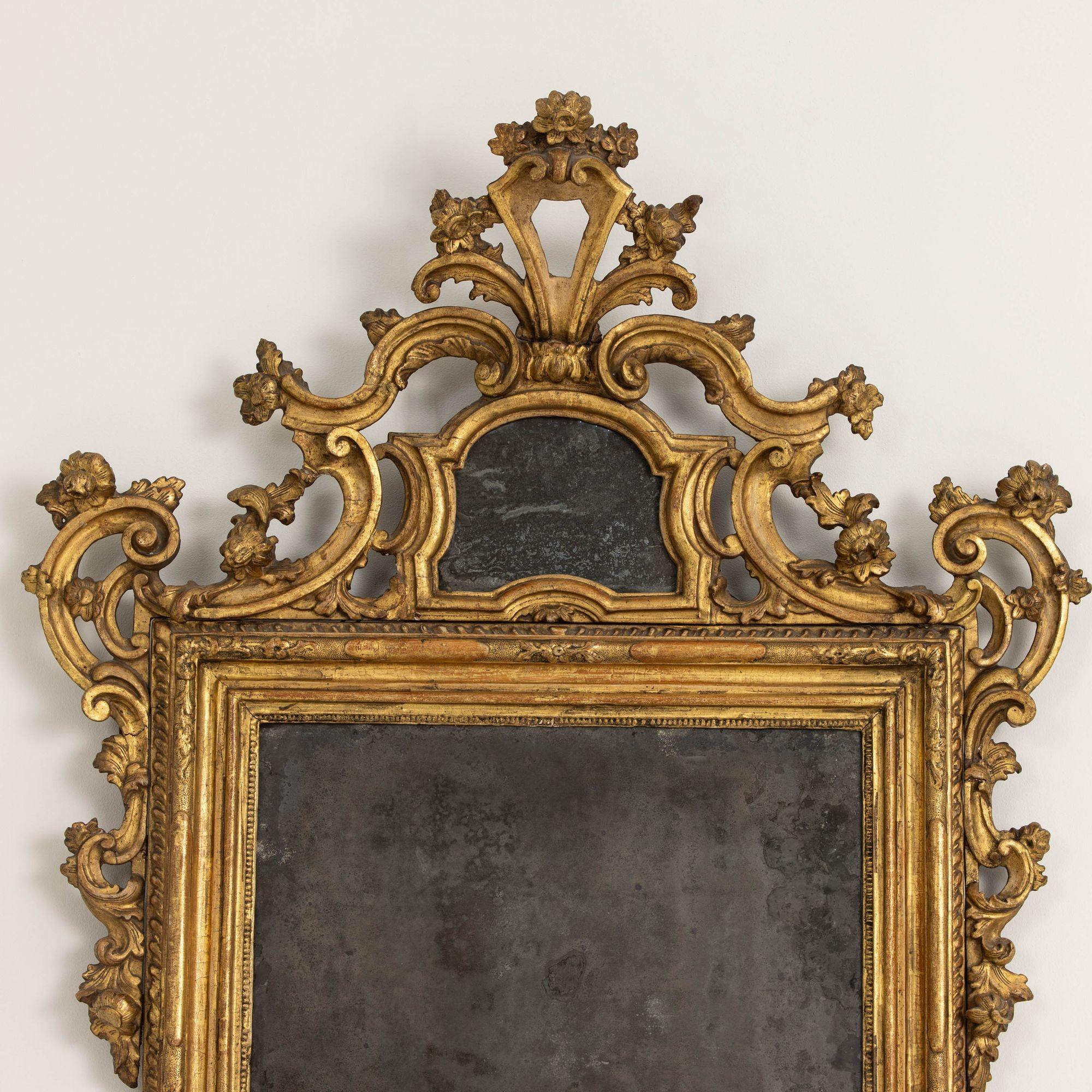 Hand-Carved 18th c. Italian Baroque Mirror in Original Giltwood with Original Mirror Plates For Sale