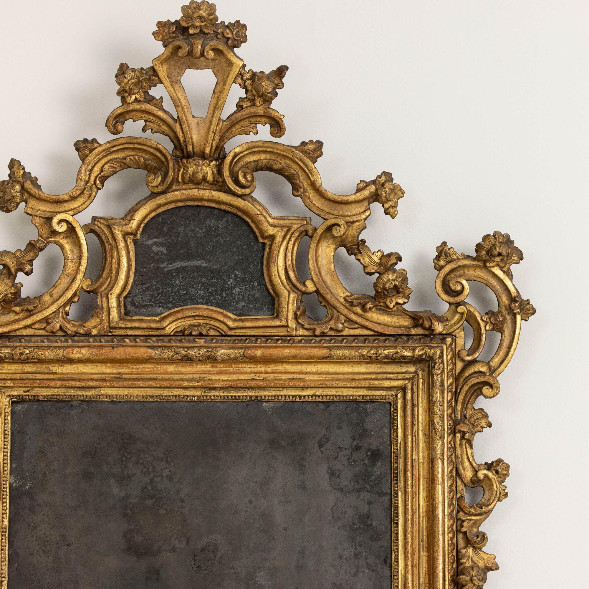 Mercury Glass 18th c. Italian Baroque Mirror in Original Giltwood with Original Mirror Plates For Sale