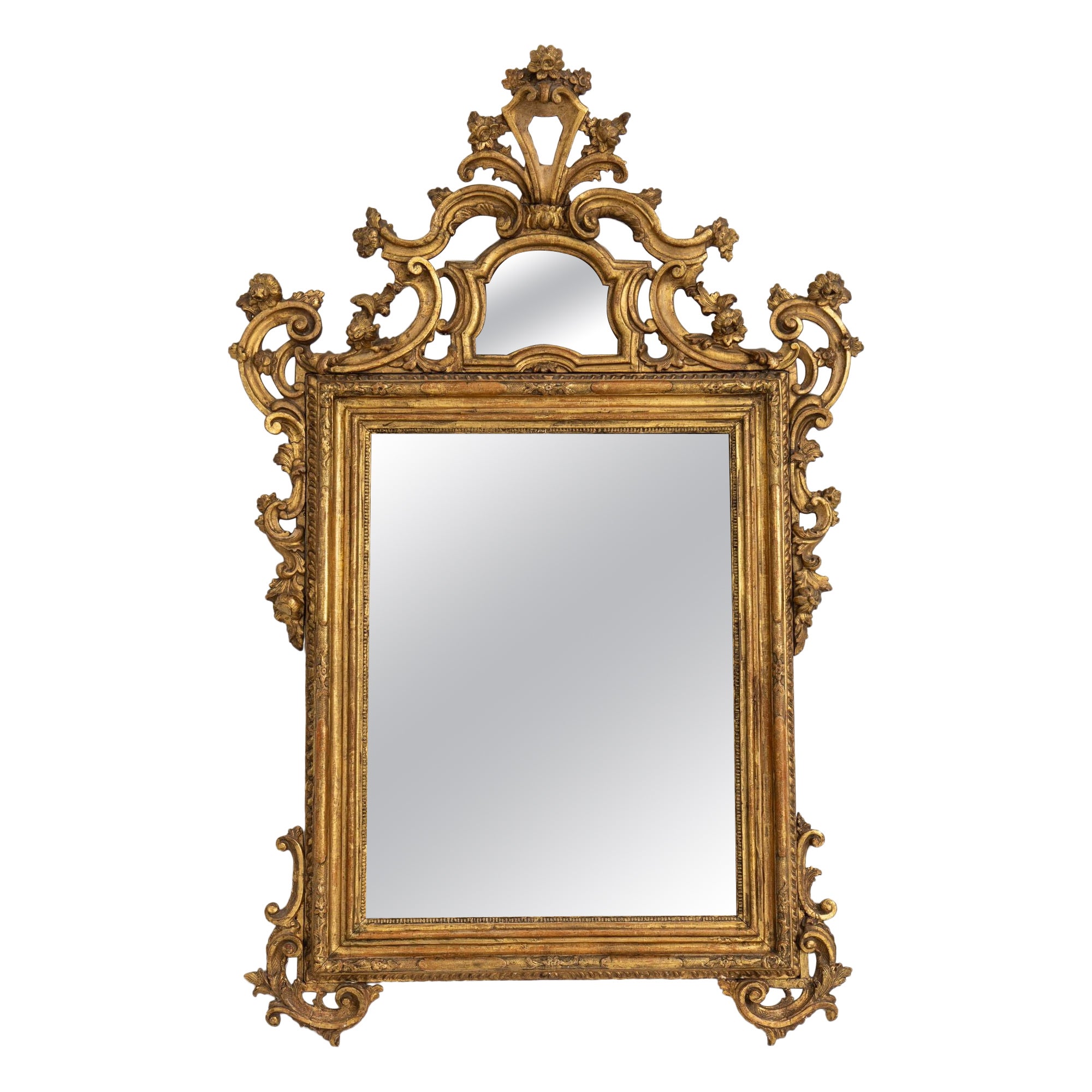 XVIII sec. Specchio barocco italiano in legno dorato originale con lastre di specchio originali