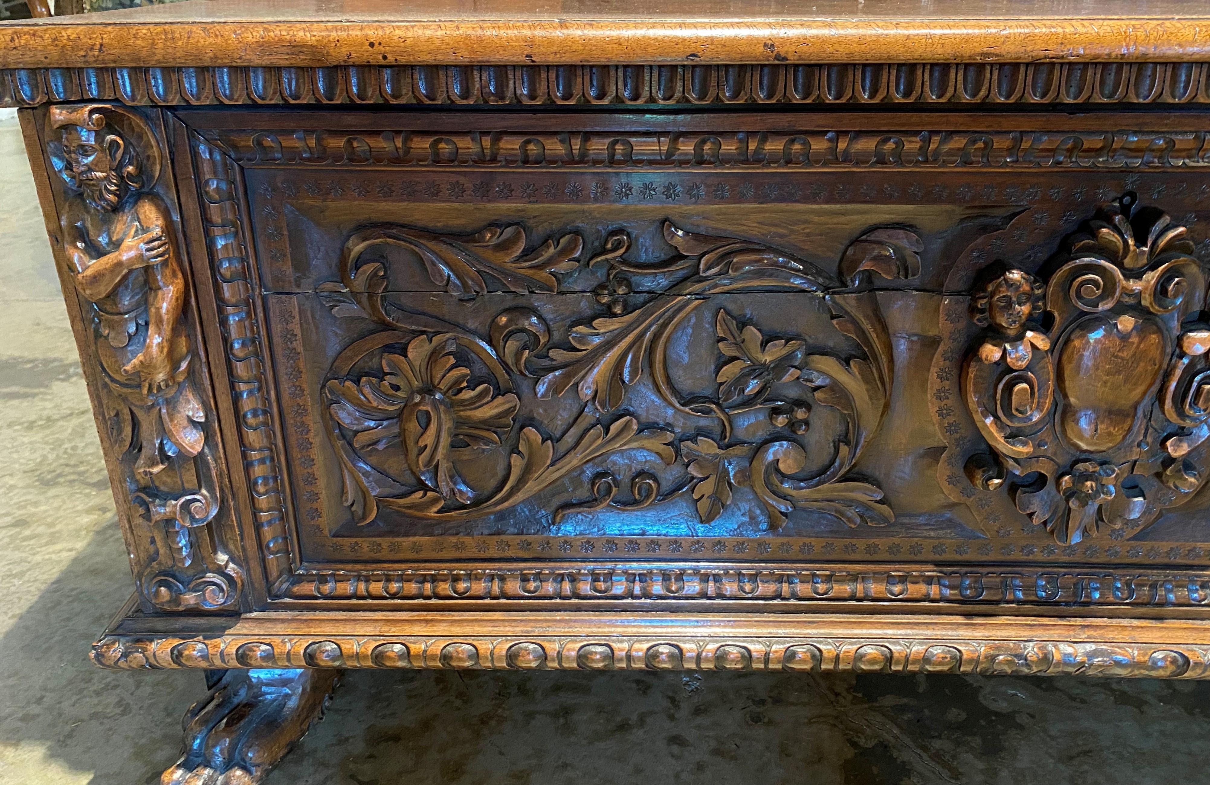 18th Century and Earlier 18th c Italian Baroque Style Carved Oak Cassone with Paw Feet