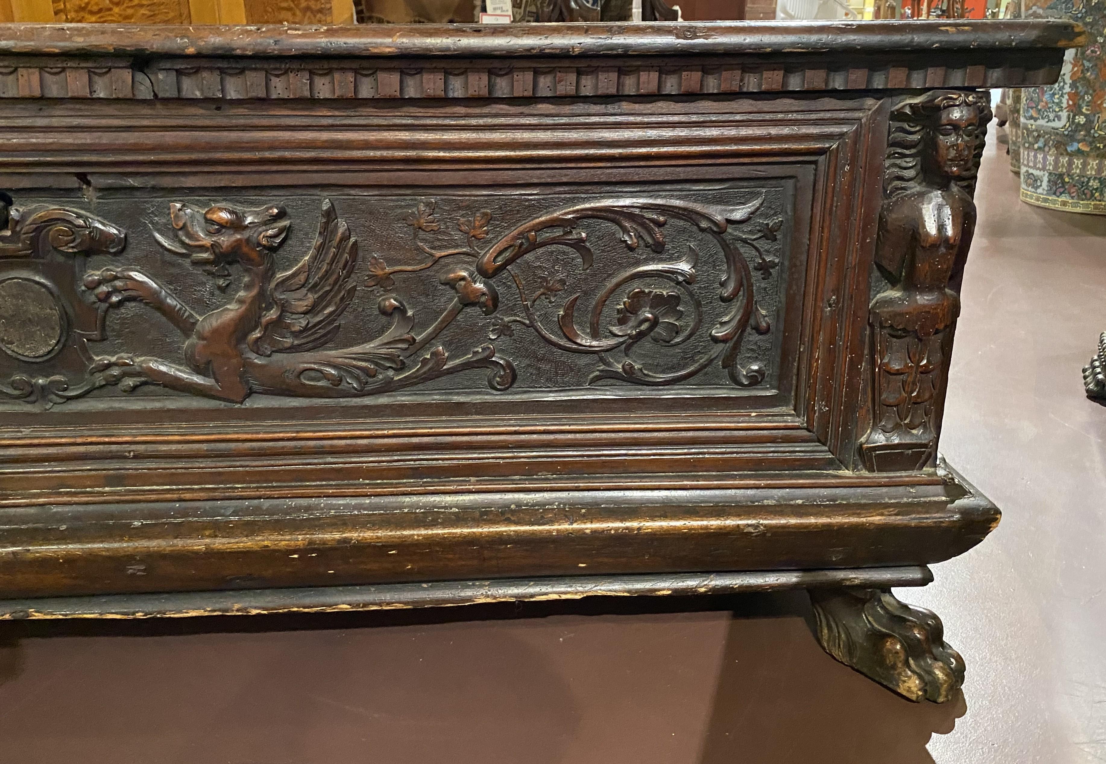 Hand-Carved 18th c Italian Carved Cassone with Dragon Decoration and Paw Feet For Sale