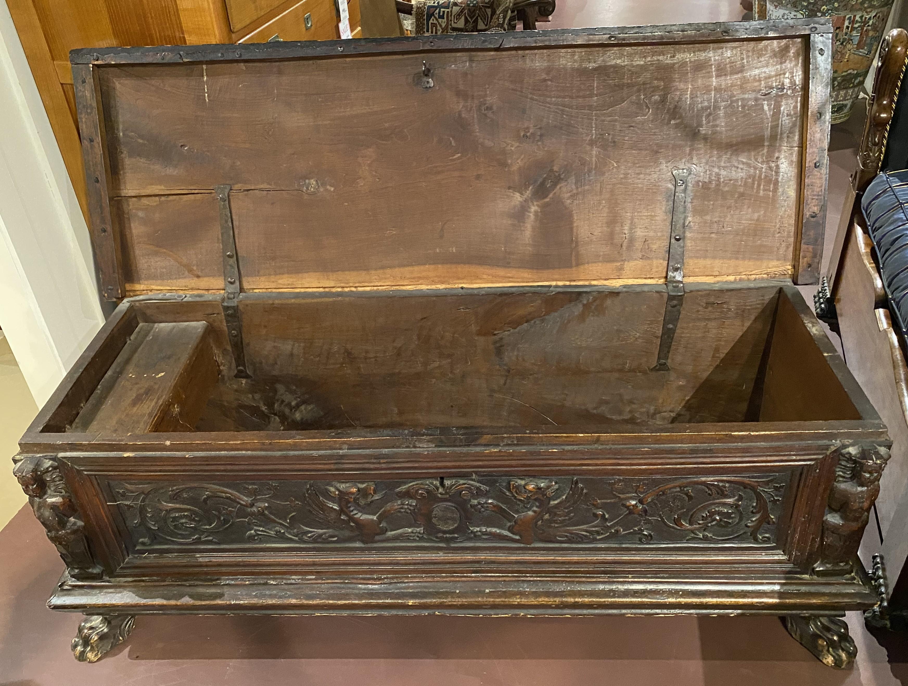 18th c Italian Carved Cassone with Dragon Decoration and Paw Feet For Sale 2