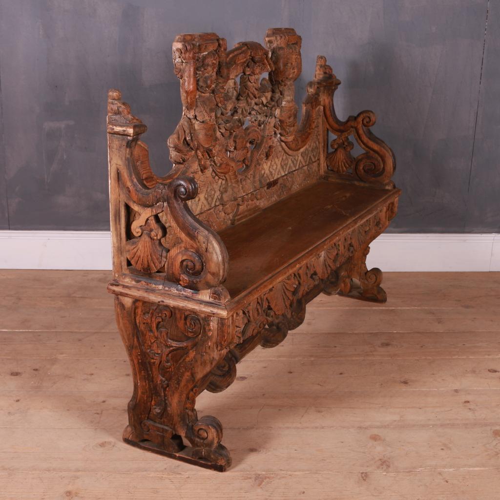 18th C Italian Carved Pine Settle 5